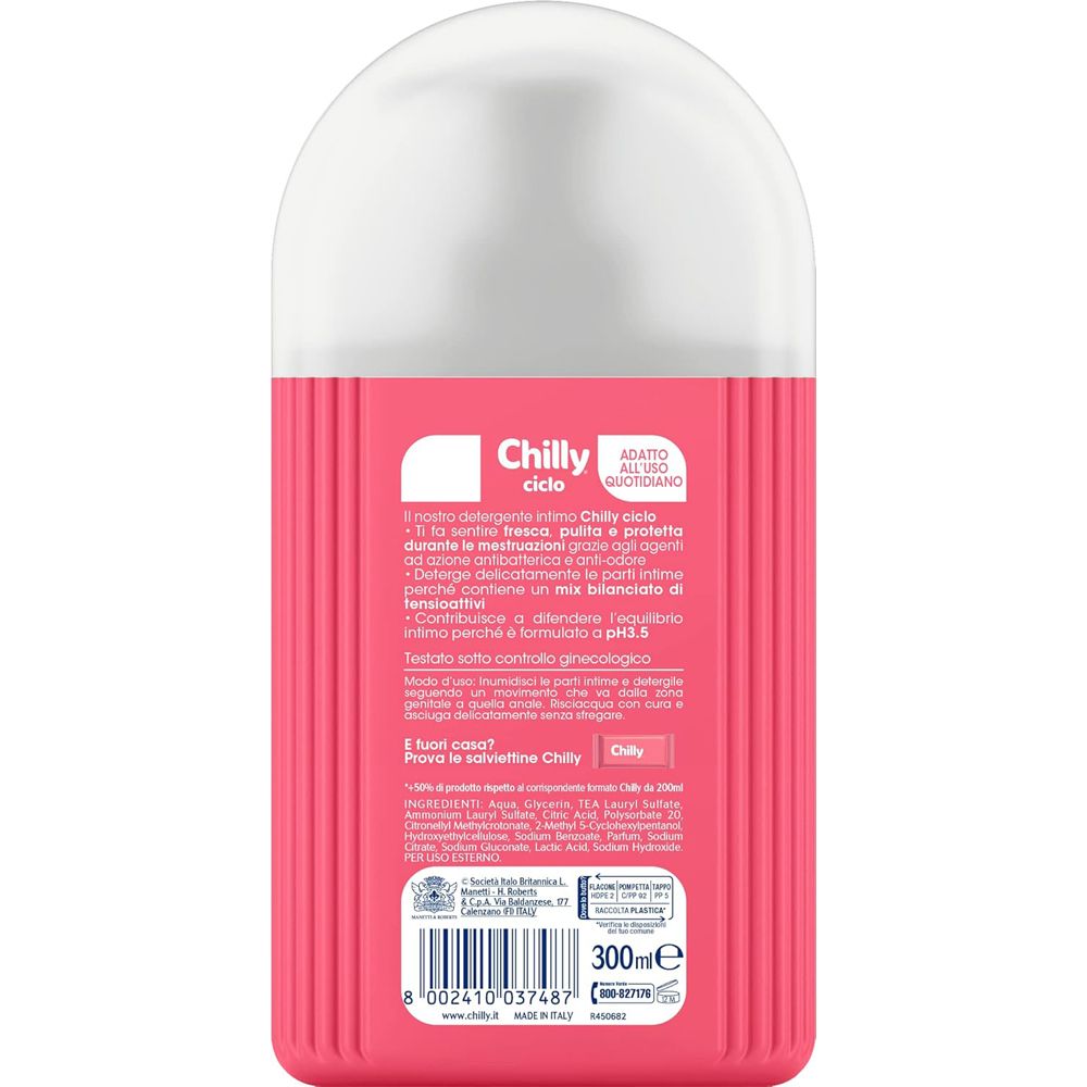 Chilly Intimreiniger, 300ml Flasche mit rosa und weißem Etikett.