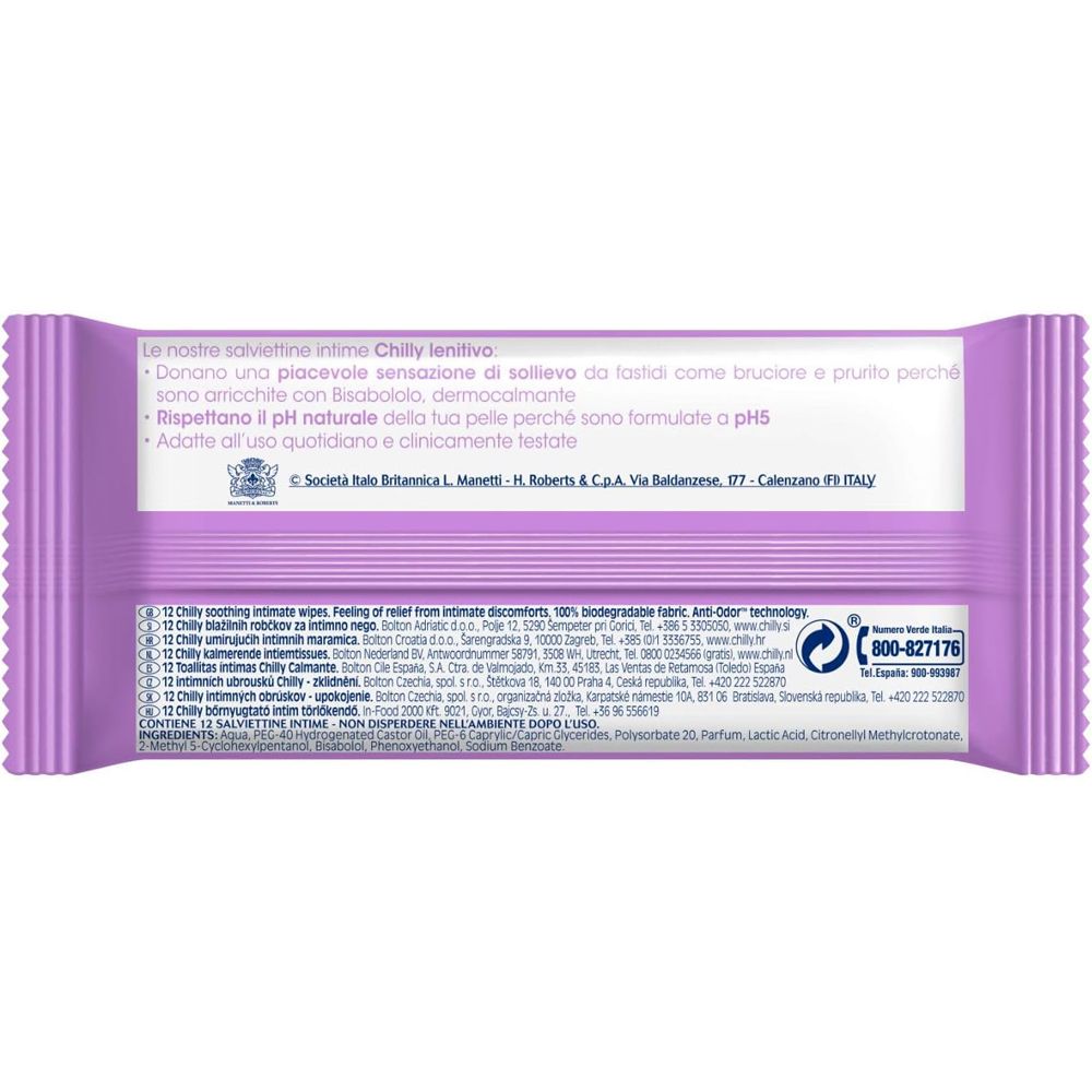 Rückseite der violetten Chilly lenitivo Intim-Feuchttücher-Packung. Text und Informationen.