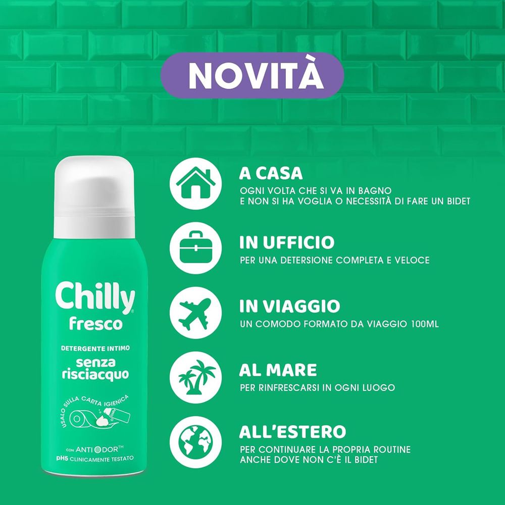 Grüne Sprühdose mit weißem Verschluss, "Chilly Fresco" Aufschrift. Intimreiniger ohne Spülung.