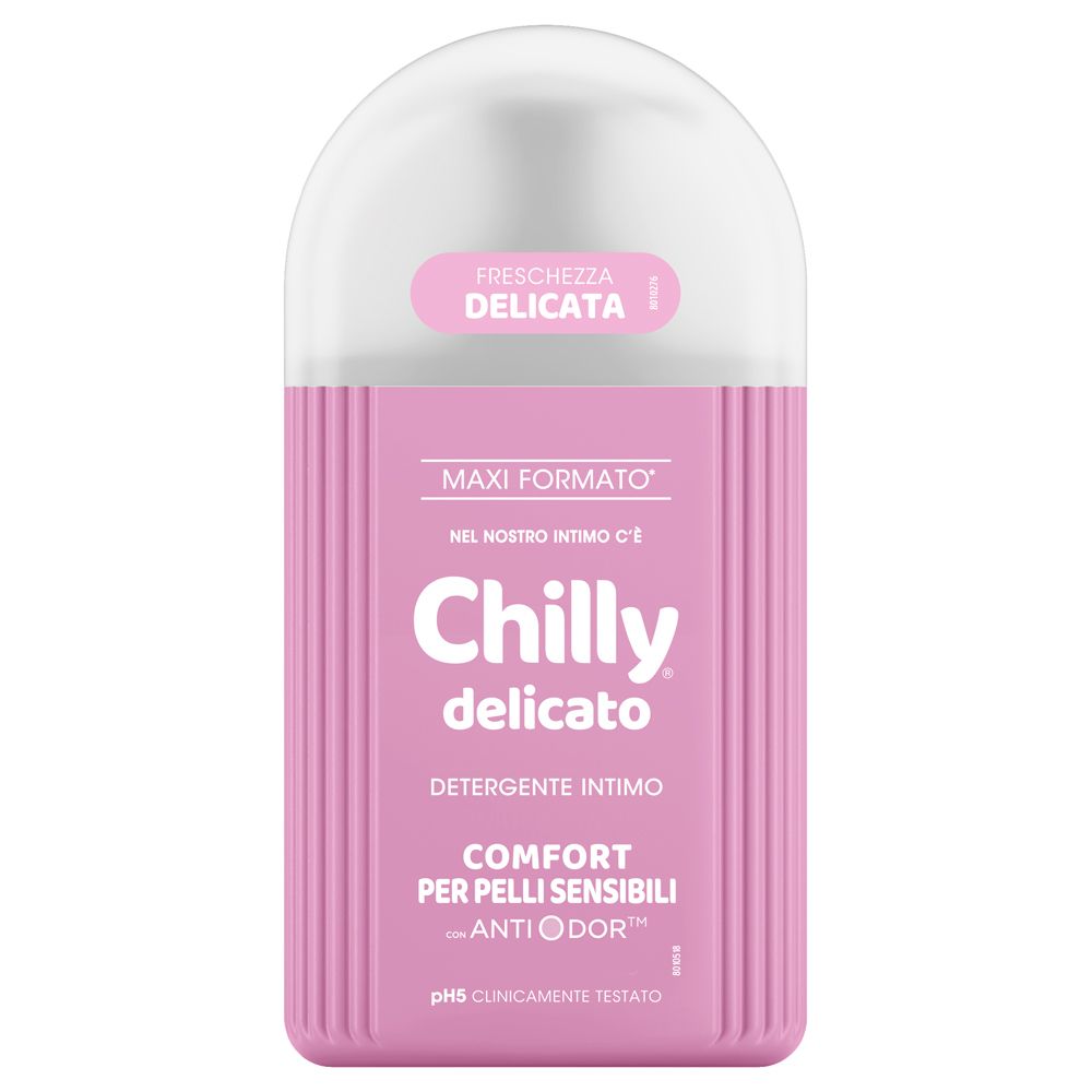 Chilly delicato Intimwaschlotion in Maxi-Format, rosa Flasche mit weißem Verschluss. Für empfindliche Haut.