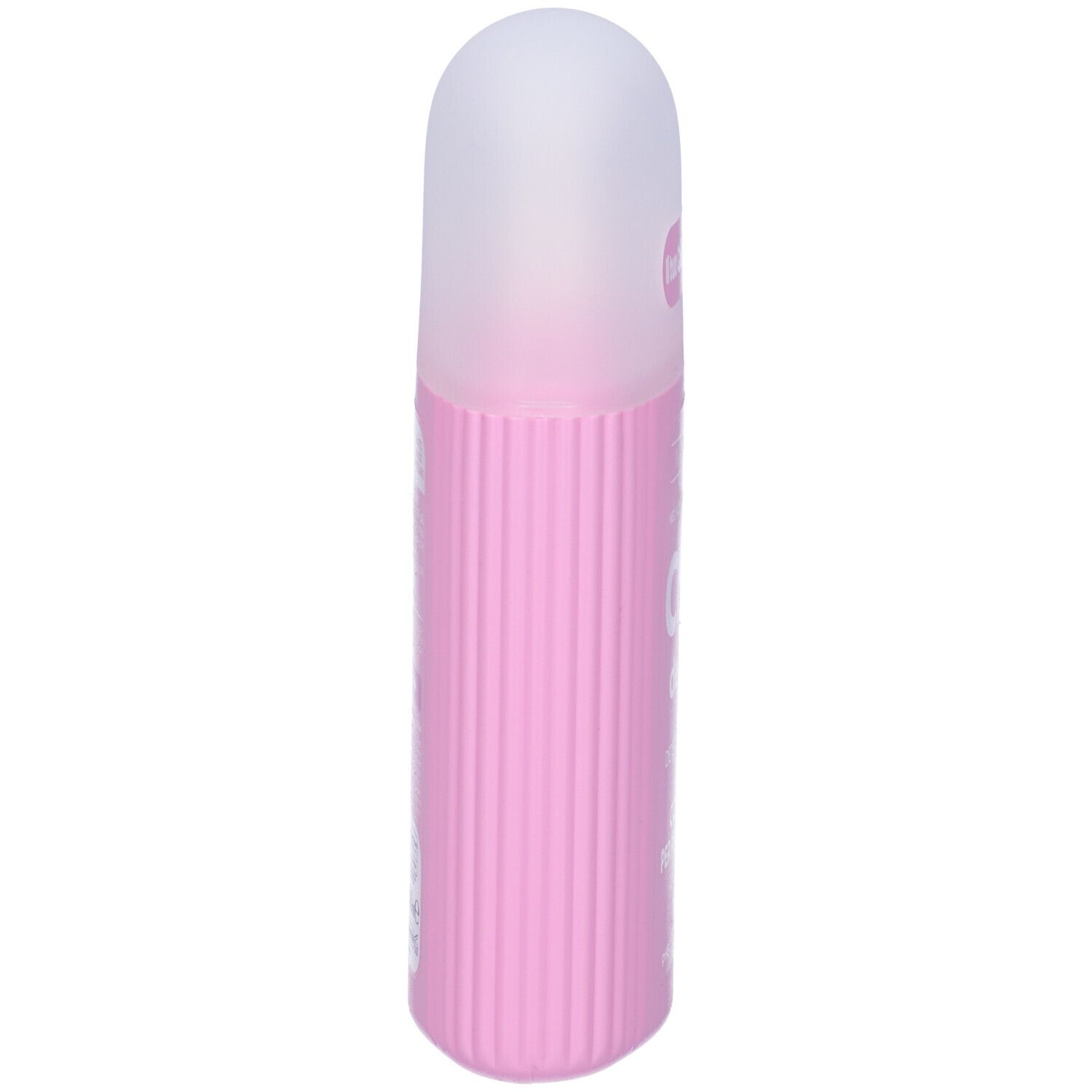 Rosa Flasche mit weißem Deckel. Vertikale Rillen. Produktetikett mit Text.