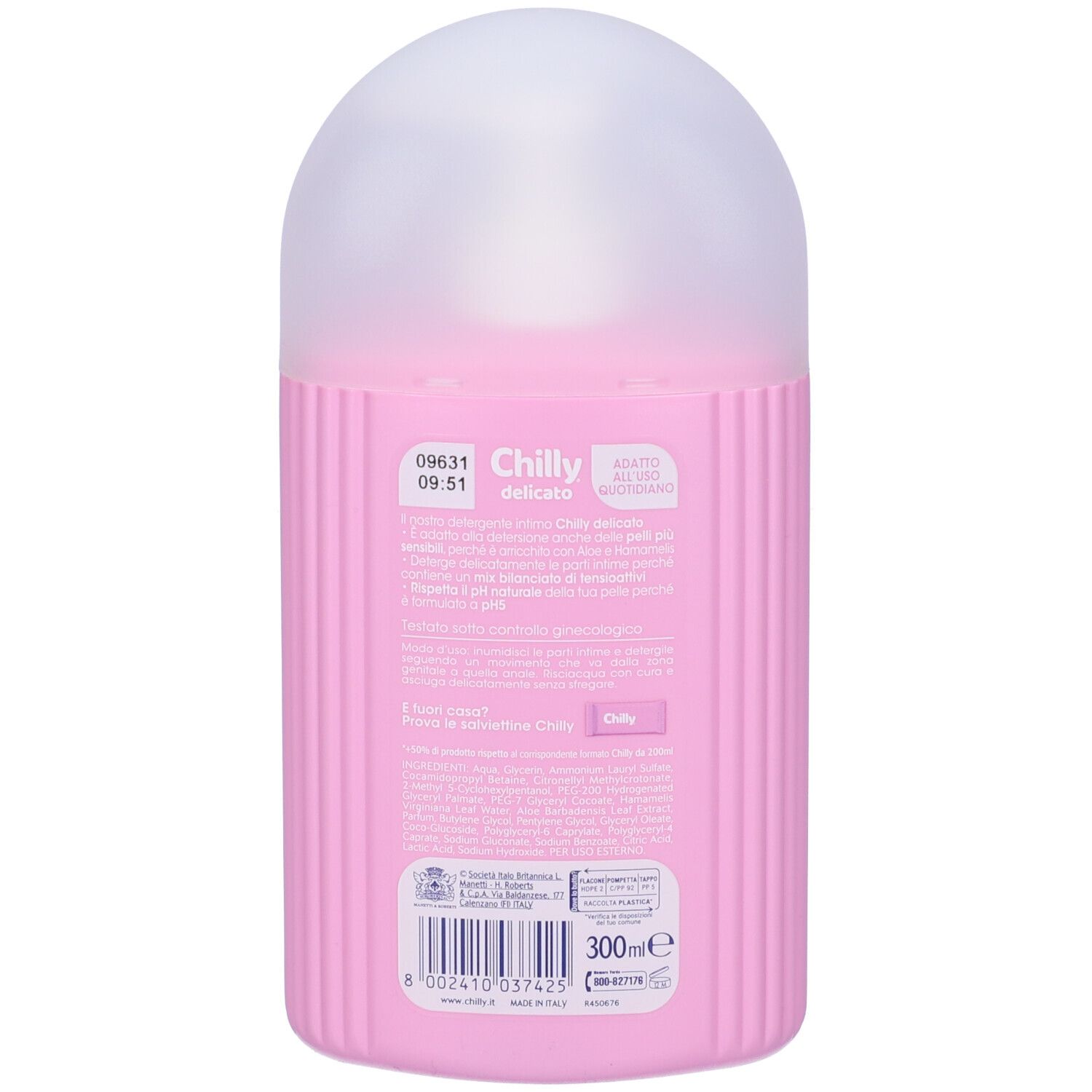 Rückseite einer rosa Flasche mit weißem Deckel. Text und Barcode auf dem Etikett.