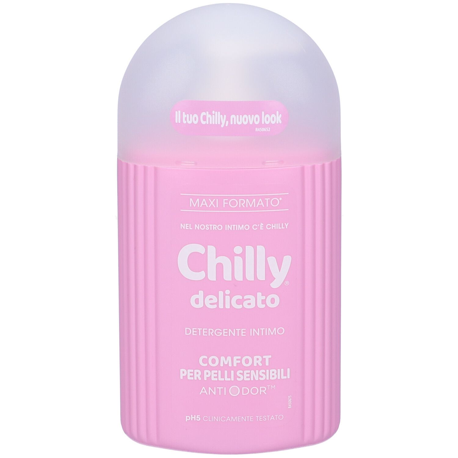 Rosa Flasche mit weißem Deckel. Aufschrift: Chilly delicato, Detergente Intimo, Comfort per pelli sensibili.