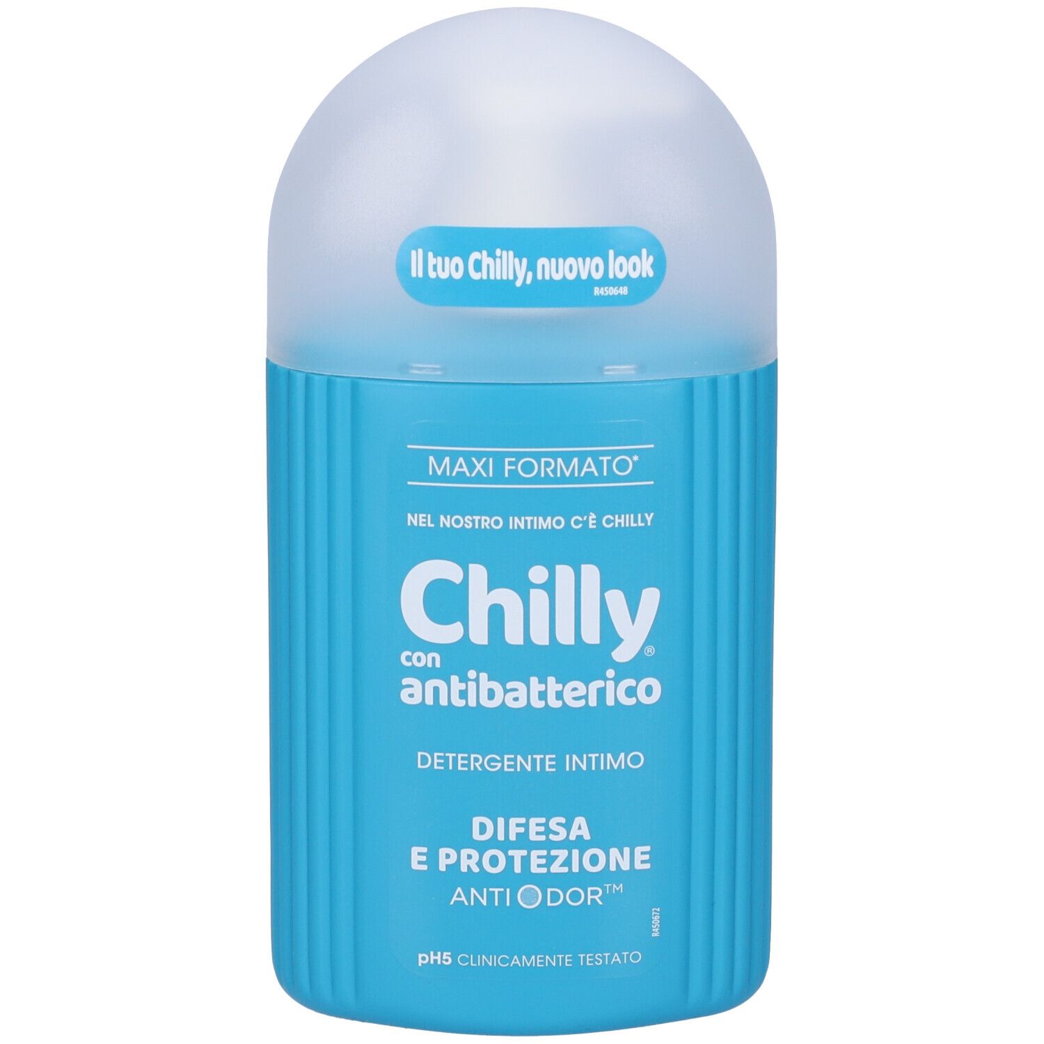 Flacone blu turchese con tappo bianco. Scritta: Chilly con antibatterico, Detergente intimo, Difesa e Protezione Anti Odor.