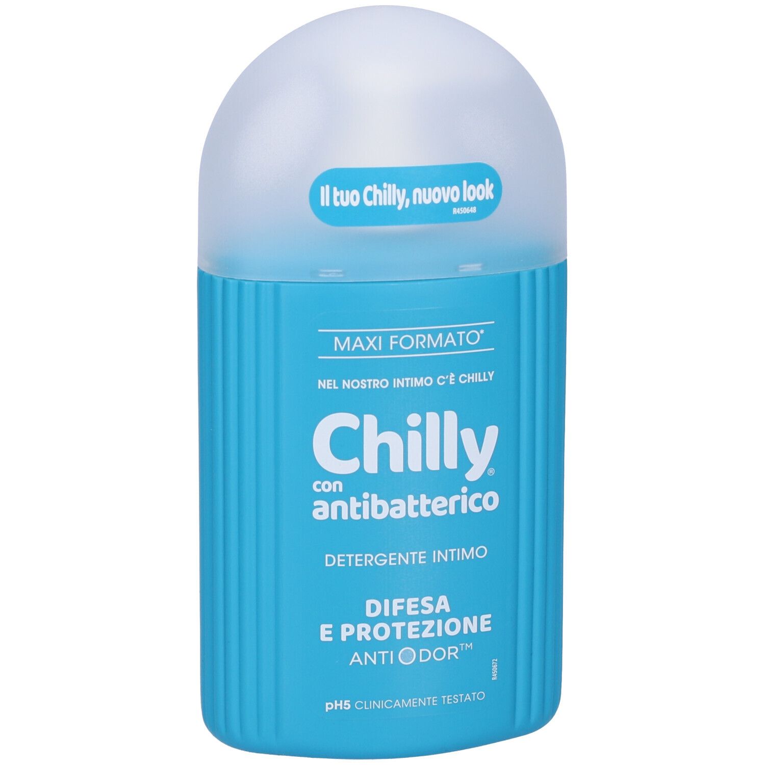 Flacone blu turchese con tappo bianco. Scritta: Chilly con antibatterico, Detergente intimo, Difesa e Protezione Anti Odor.