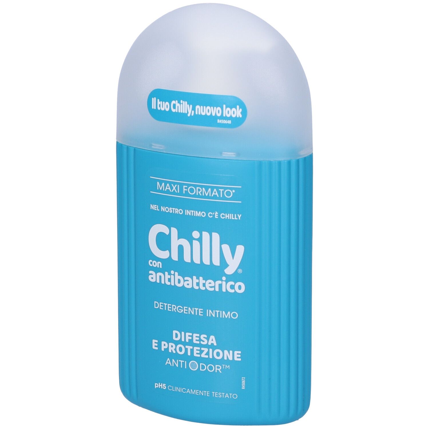 Flacone blu turchese con tappo bianco. Scritta: Chilly con antibatterico, Detergente intimo, Difesa e Protezione Anti Odor.