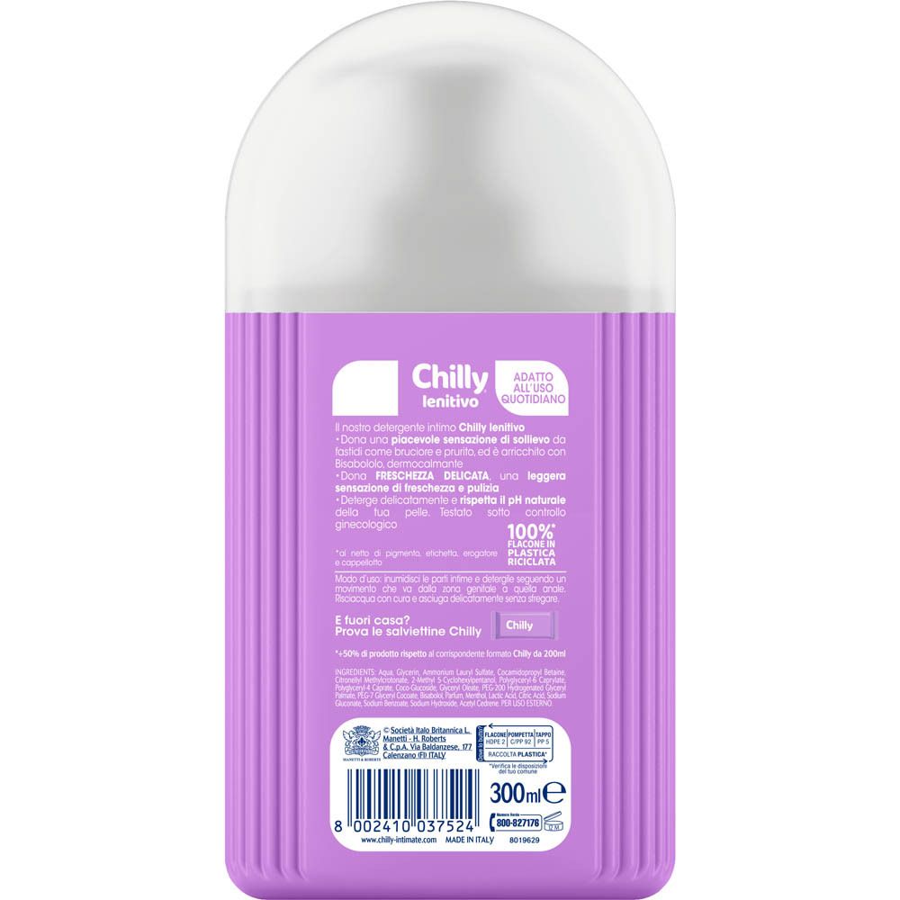 Chilly Lenitivo Intimreiniger Flasche, 300ml, mit Etikett und Produktinformationen.