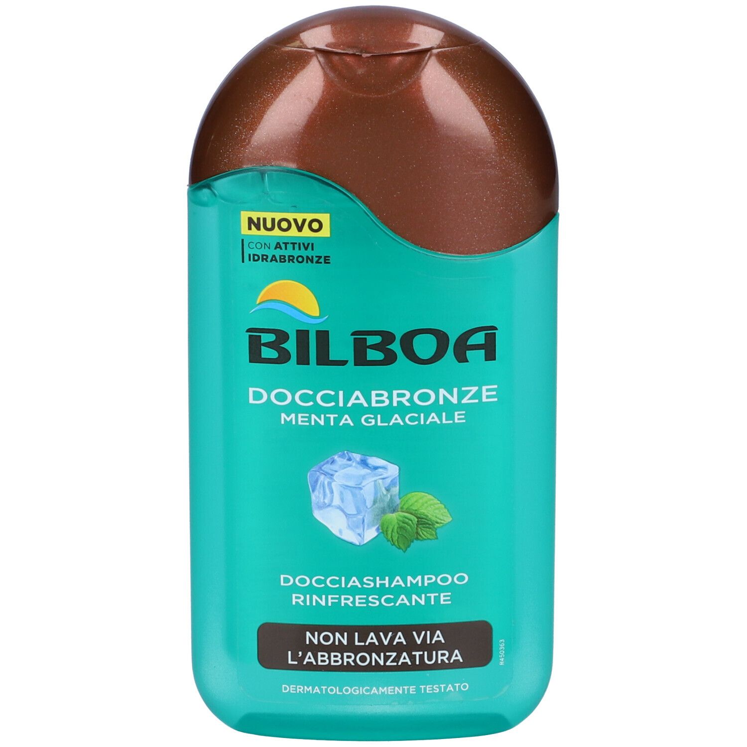 Flacone turchese con tappo marrone. Scritta: BILBOA Docciabronze Menta Glaciale. Grafica cubetto di ghiaccio e menta.