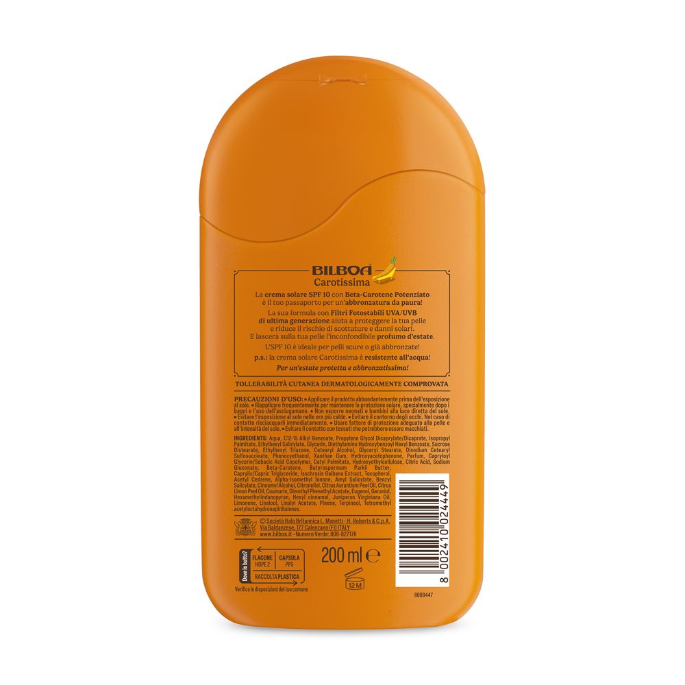 Retro del flacone. Testo in italiano. Ingredienti e codice a barre. Volume: 200 ml.