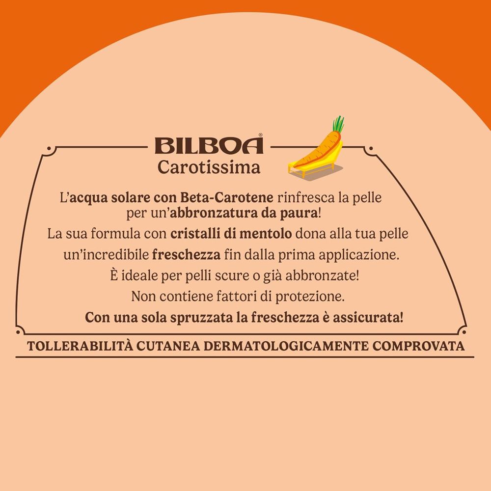 Area di testo con logo Bilboa Carotissima e illustrazione di carota che descrive i benefici del prodotto.