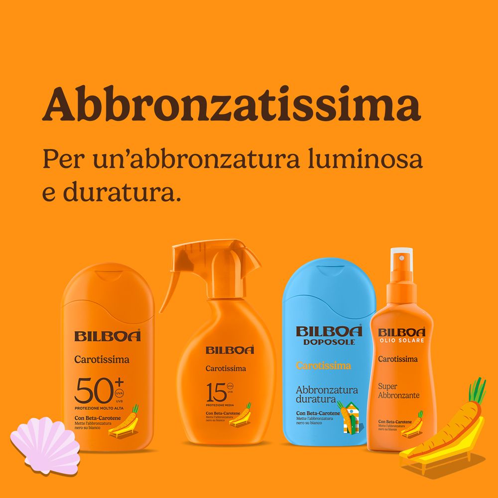Quattro prodotti Bilboa Carotissima, tra cui crema solare e doposole, con illustrazioni di carote.