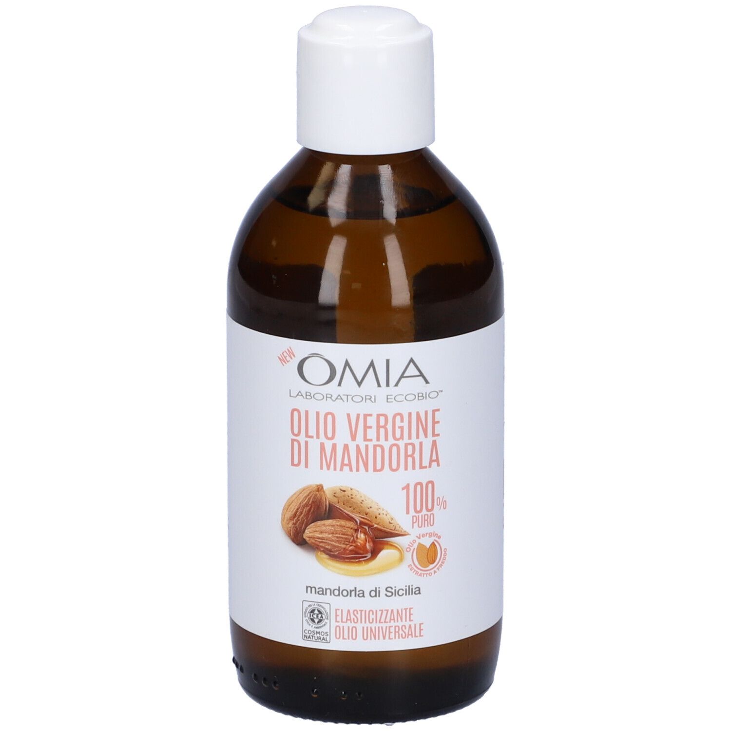 Flacone marrone con tappo bianco. Etichetta con nome prodotto e mandorle. Olio di mandorle puro al 100%.