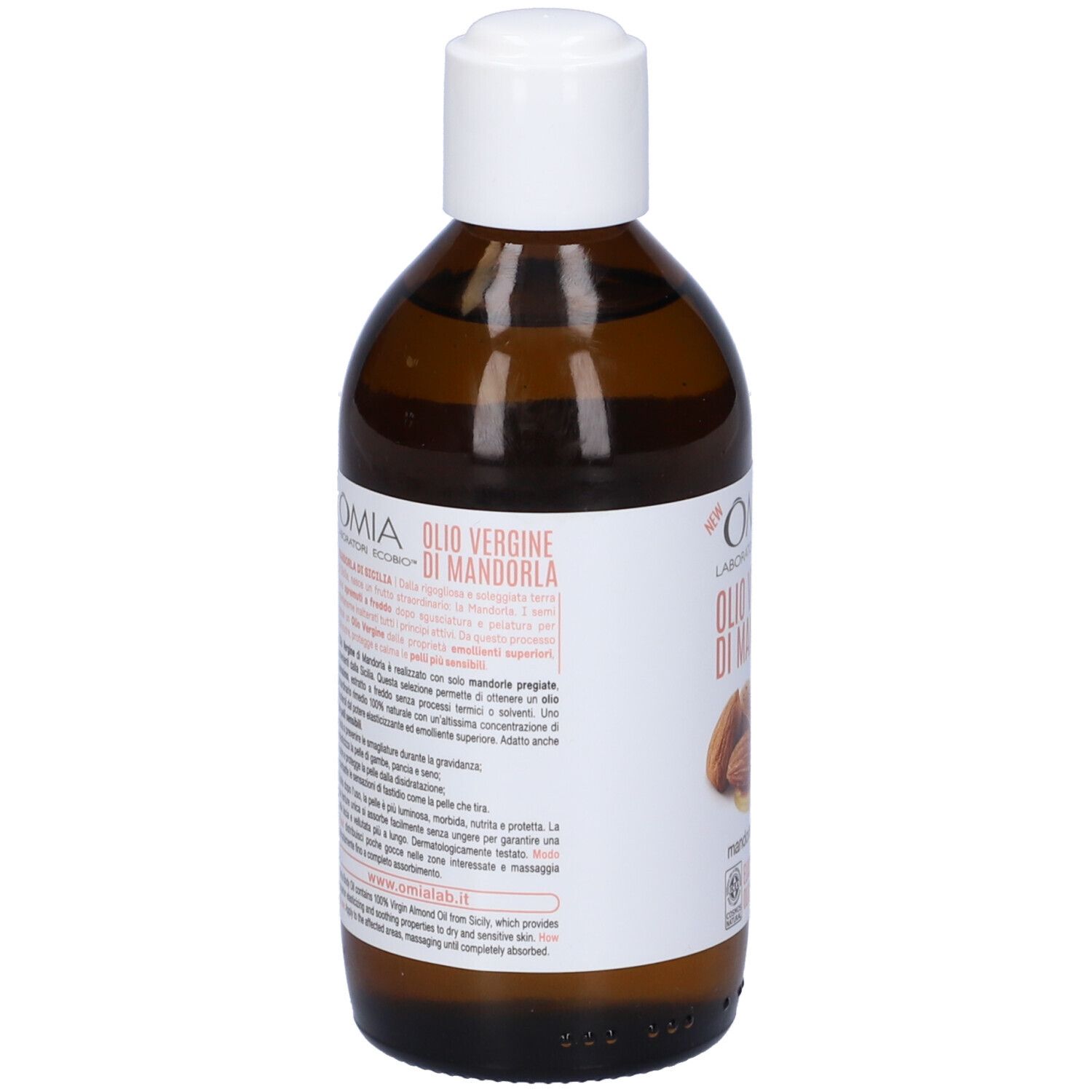 Flacone marrone con tappo bianco. Etichetta con informazioni sul prodotto e mandorle. Olio di mandorle.