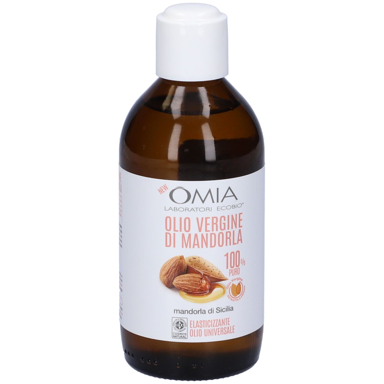 Flacone marrone con tappo bianco. Etichetta con nome prodotto e mandorle. Olio di mandorle puro al 100%.