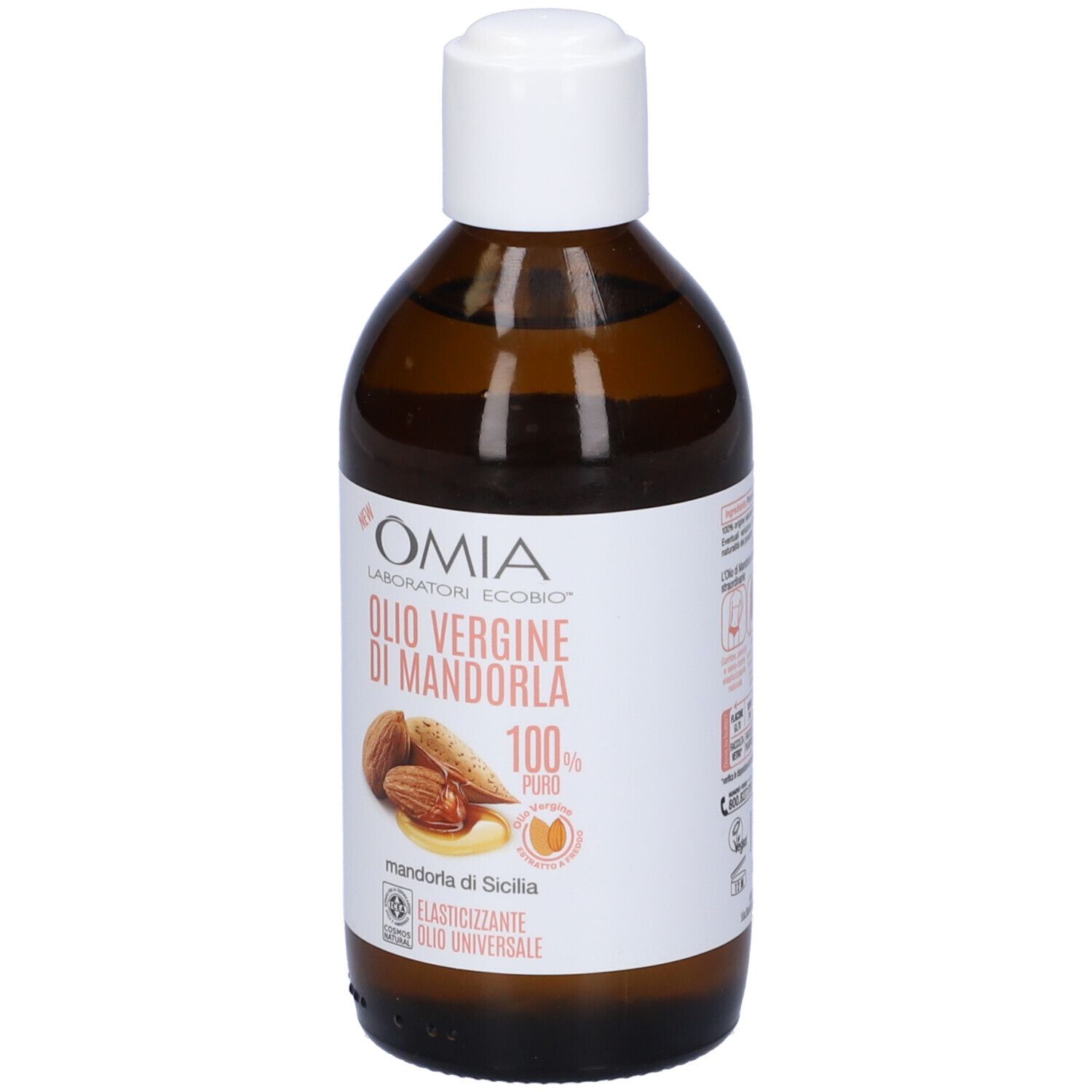 Flacone marrone con tappo bianco. Etichetta con nome prodotto e mandorle. Olio di mandorle puro al 100%.