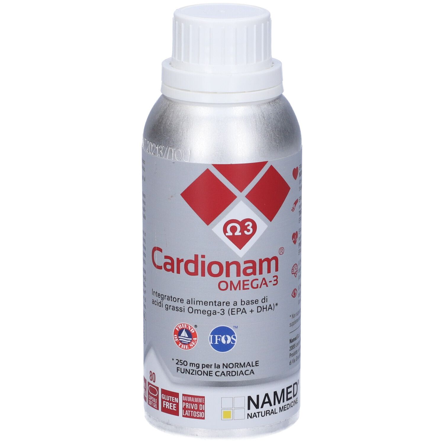 Silberne Flasche mit weißem Deckel. Rotes Logo mit Omega-3-Symbol. Schriftzug Cardionam Omega-3. Text: Integratore alimentare.