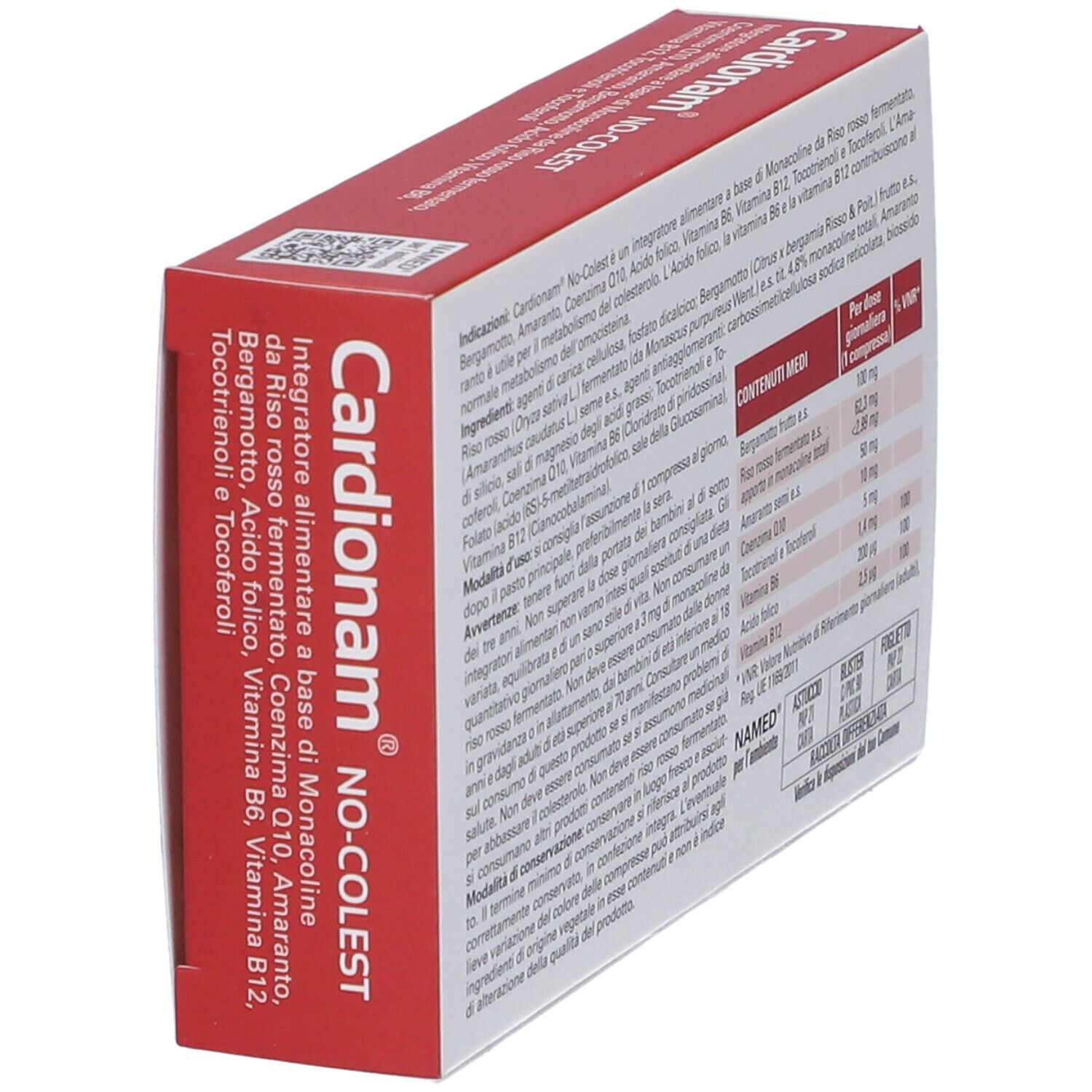 Cardionam NO-COLEST-Schachtel, schräg. Rückseite mit Text. Rote und graue Verpackung. NAMED-Logo.