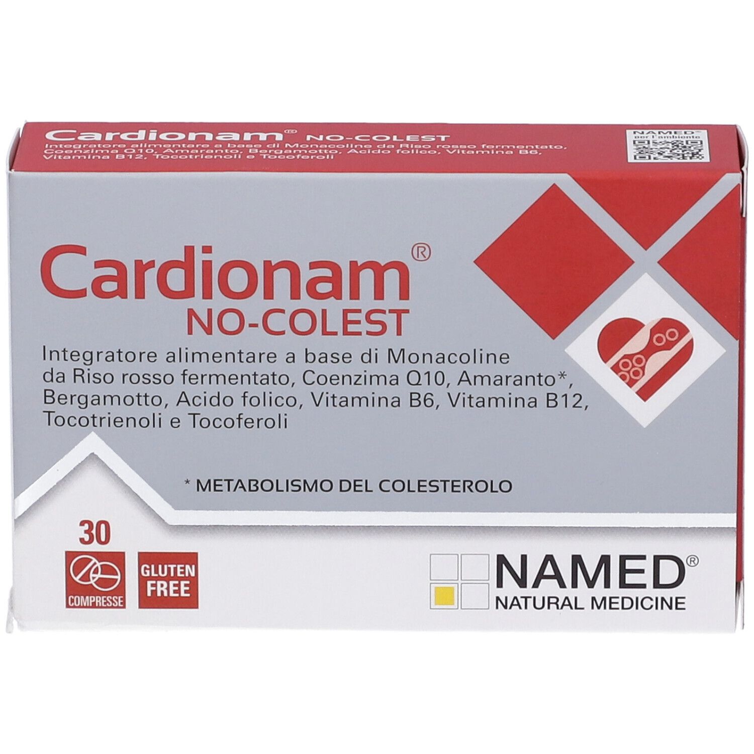 Cardionam NO-COLEST-Schachtel. Rote und graue Verpackung. 30 Tabletten. NAMED-Logo. Glutenfrei.