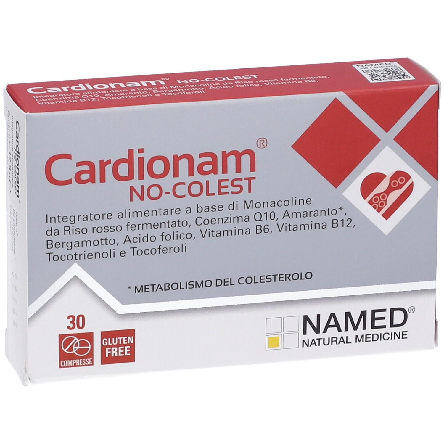 Cardionam NO-COLEST-Schachtel. Rote und graue Verpackung. 30 Tabletten. NAMED-Logo. Glutenfrei.