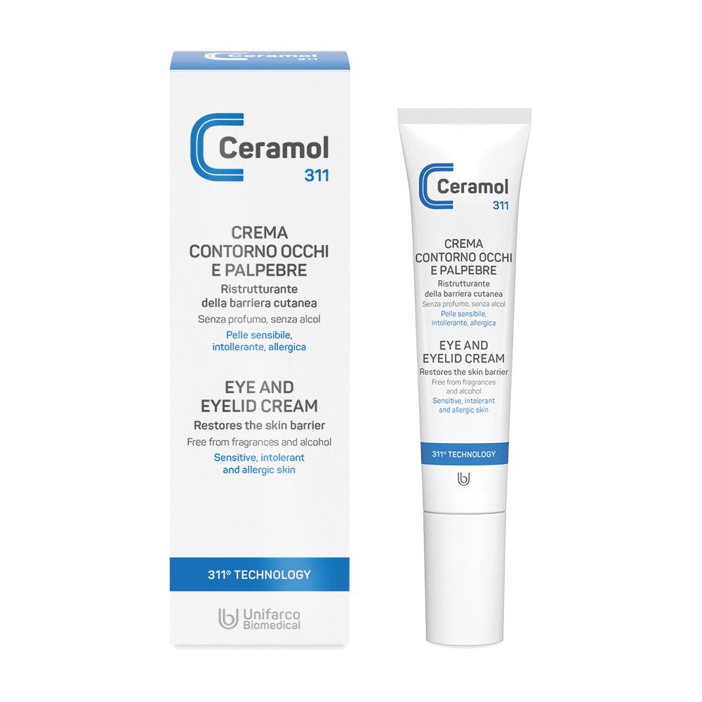 Tubo e scatola di crema. Scritto: Ceramol 311, crema contorno occhi e palpebre. Per pelli sensibili.