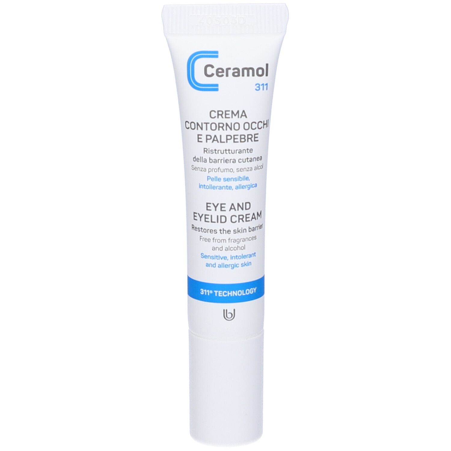 Tubo di crema. Scritto: Ceramol 311, crema contorno occhi e palpebre. Per pelli sensibili. Tubo bianco.