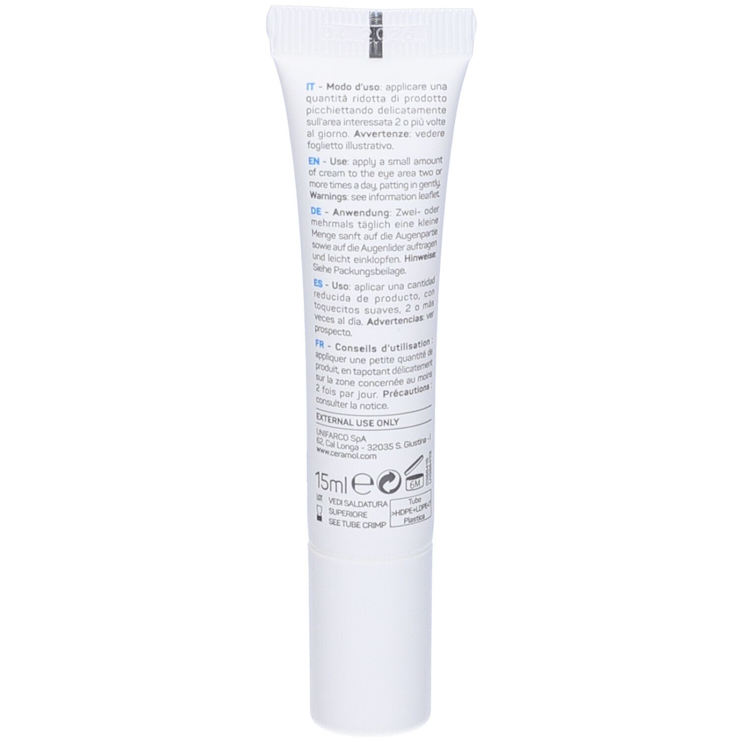 Retro del tubo di crema. Istruzioni multilingue. 15 ml. Ingredienti e informazioni del produttore.