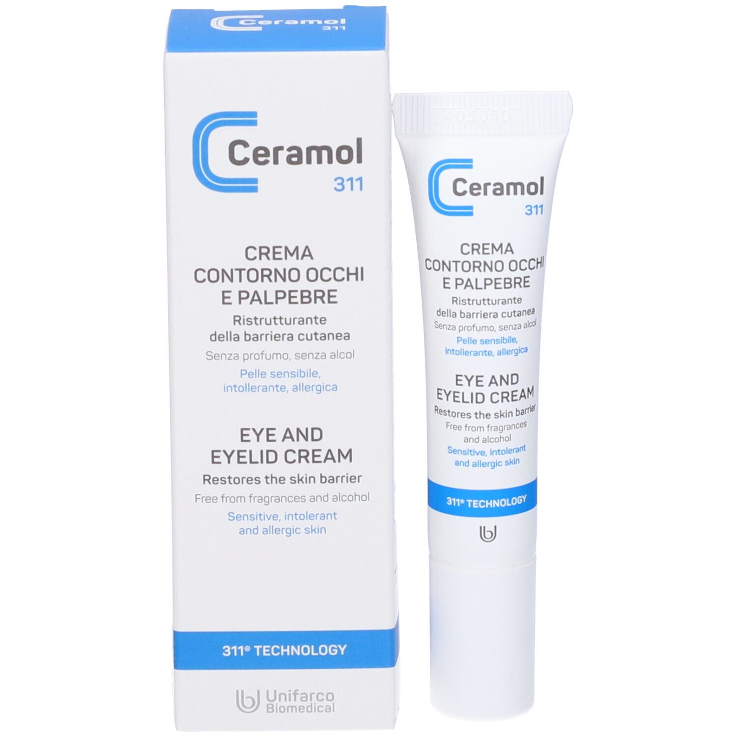Tubo e scatola di crema. Scritto: Ceramol 311, crema contorno occhi e palpebre. Per pelli sensibili.