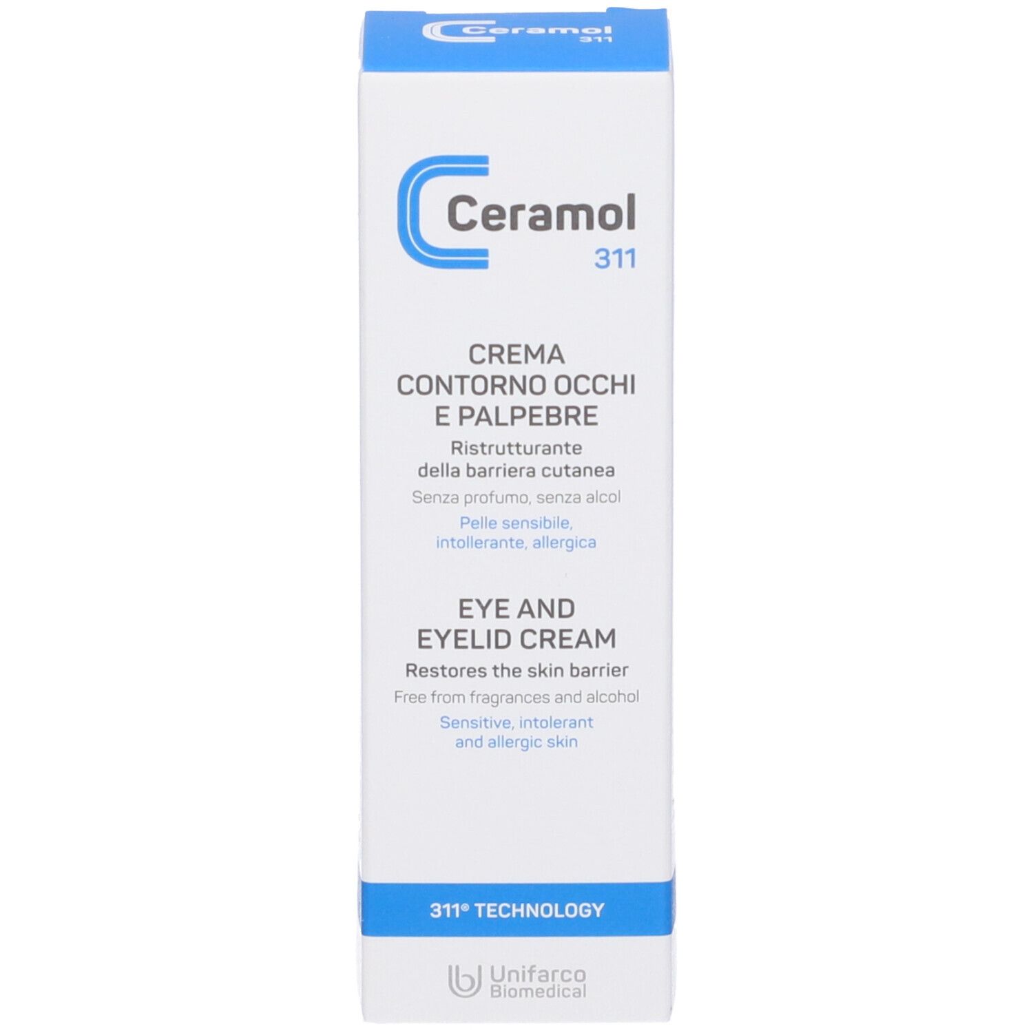 Scatola. Scritto: Ceramol 311, crema contorno occhi e palpebre. Per pelli sensibili. Colori blu e bianco.