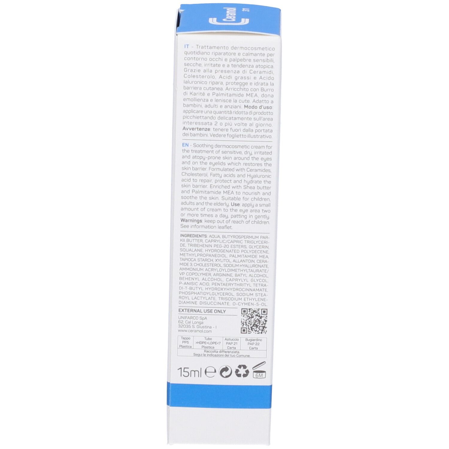 Retro della scatola. Informazioni multilingue. 15 ml. Ingredienti e informazioni del produttore.