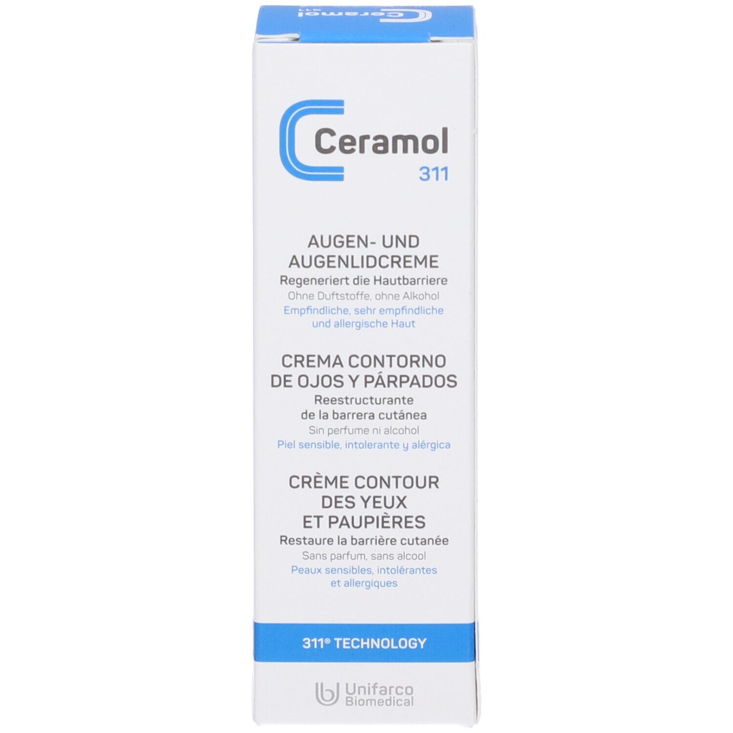 Scatola. Scritto: Ceramol 311, crema contorno occhi e palpebre. Per pelli sensibili. Multilingue.
