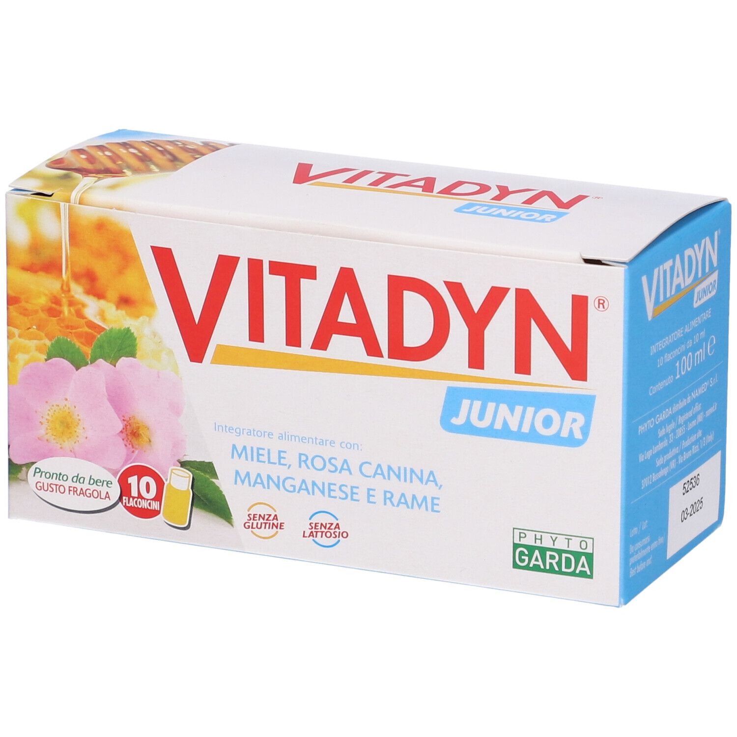 Confezione Vitadyn Junior con 10 flaconcini. Contiene miele, rosa canina, manganese e rame. Senza glutine e lattosio. Immagine: miele e rosa.