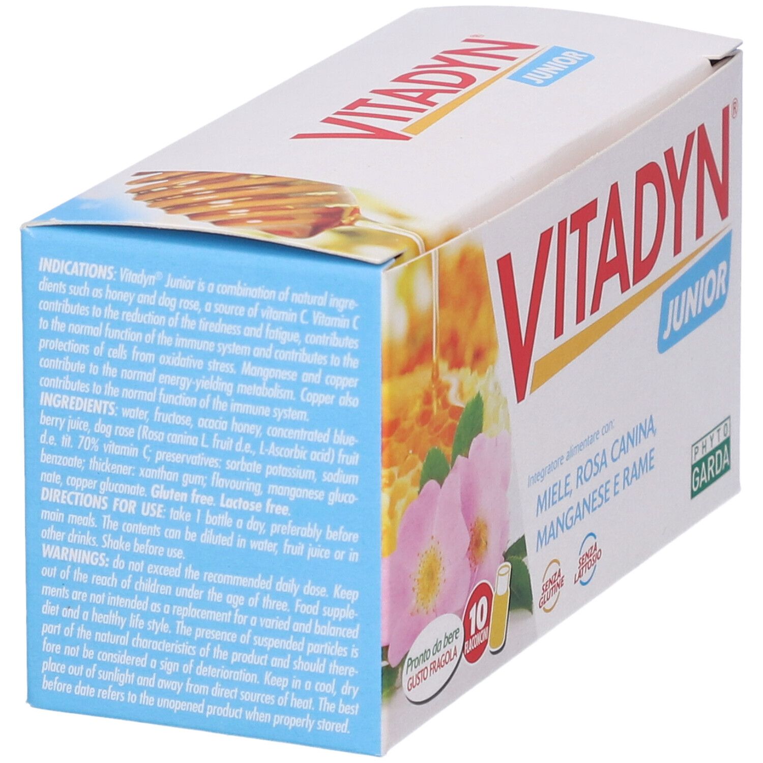 Confezione Vitadyn Junior con 10 flaconcini. Ingredienti: miele, rosa canina, manganese e rame. Istruzioni per l'uso. Immagine: miele e rosa.
