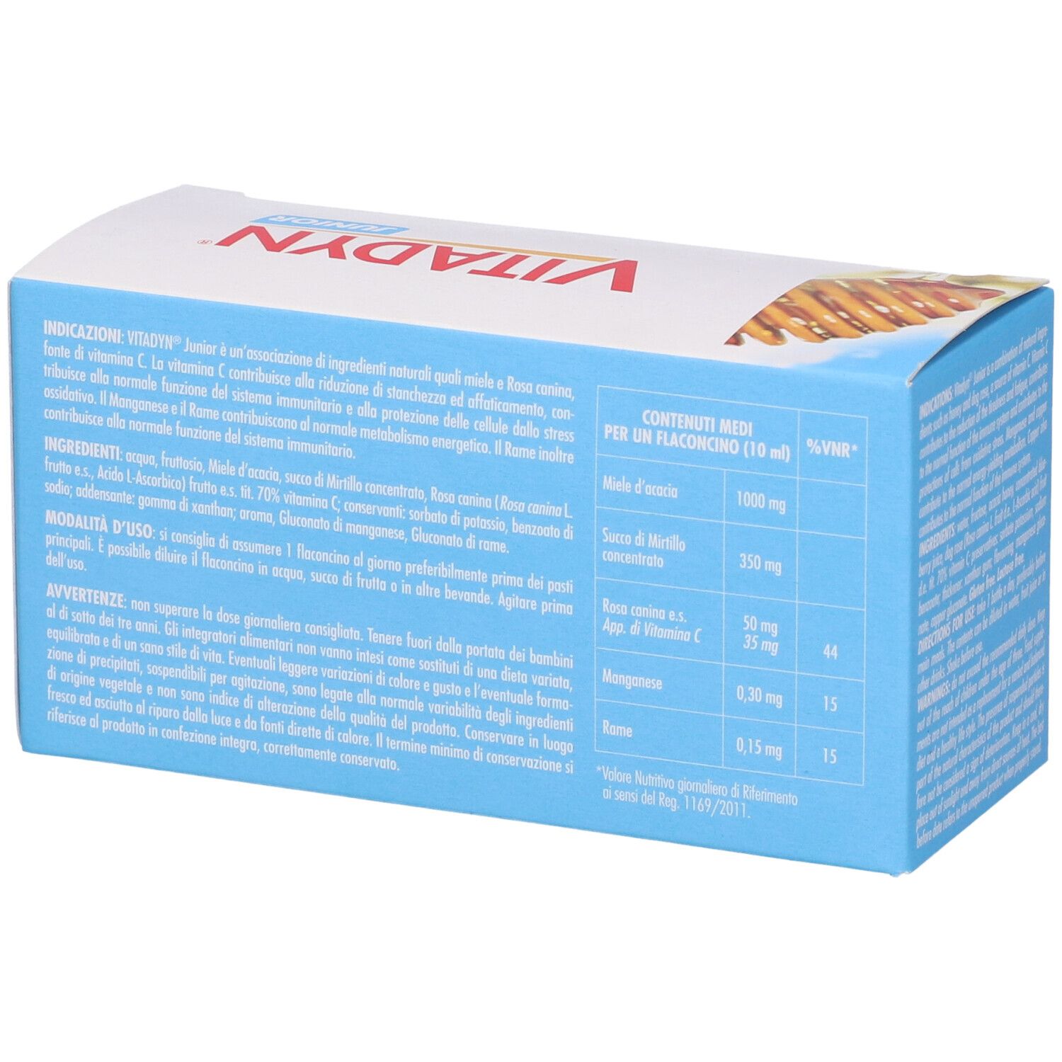 Confezione Vitadyn Junior con 10 flaconcini. Valori nutrizionali per flaconcino. Contiene miele, rosa canina, manganese e rame.