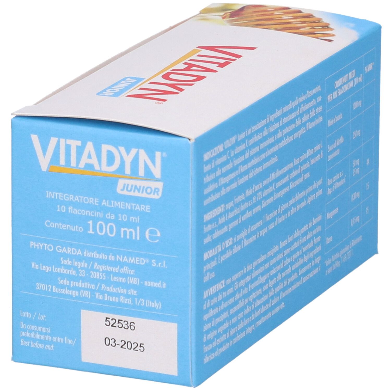 Confezione Vitadyn Junior con 10 flaconcini, 100 ml. Informazioni produttore, numero di lotto e data di scadenza.
