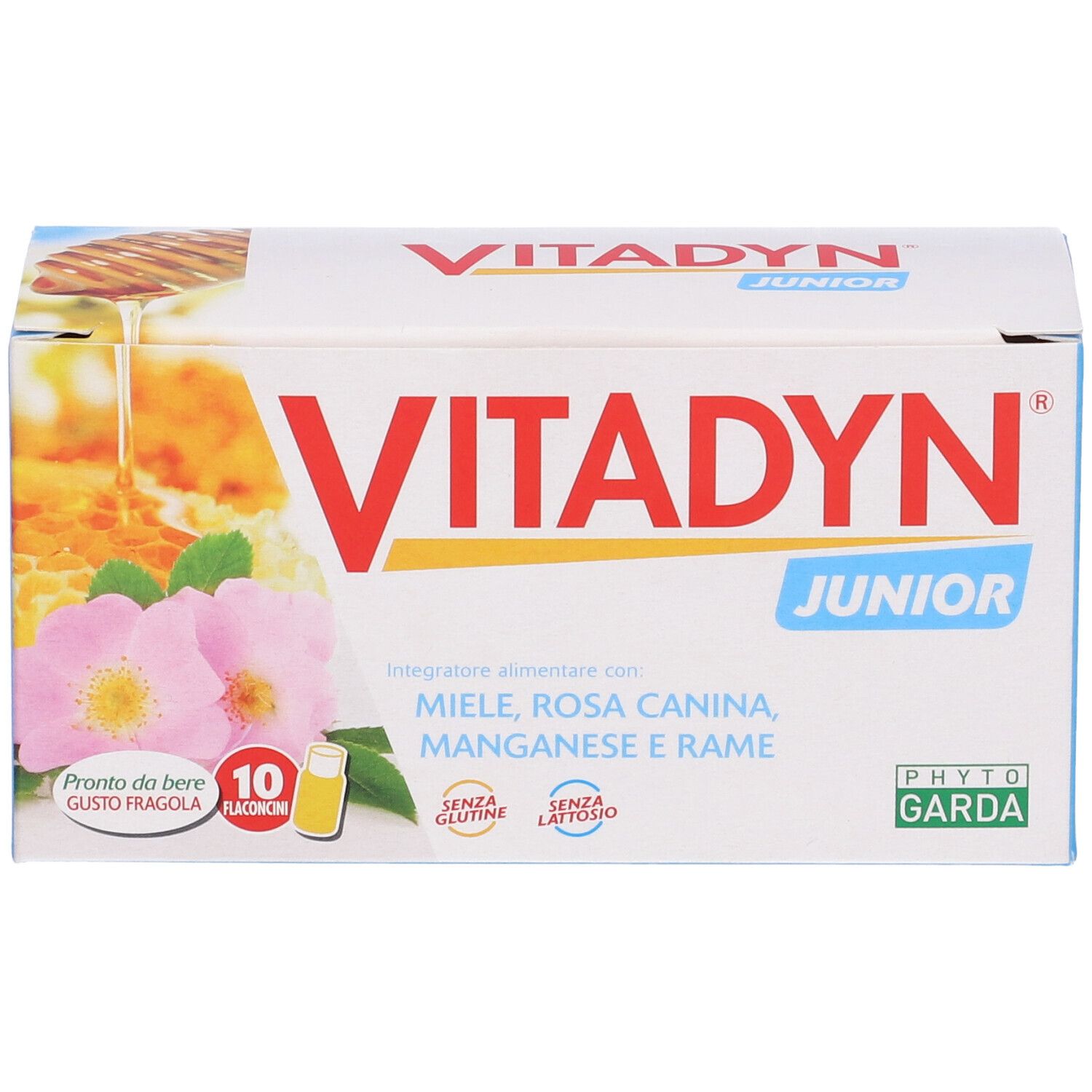 Confezione Vitadyn Junior con 10 flaconcini. Contiene miele, rosa canina, manganese e rame. Senza glutine e lattosio. Immagine: miele e rosa.