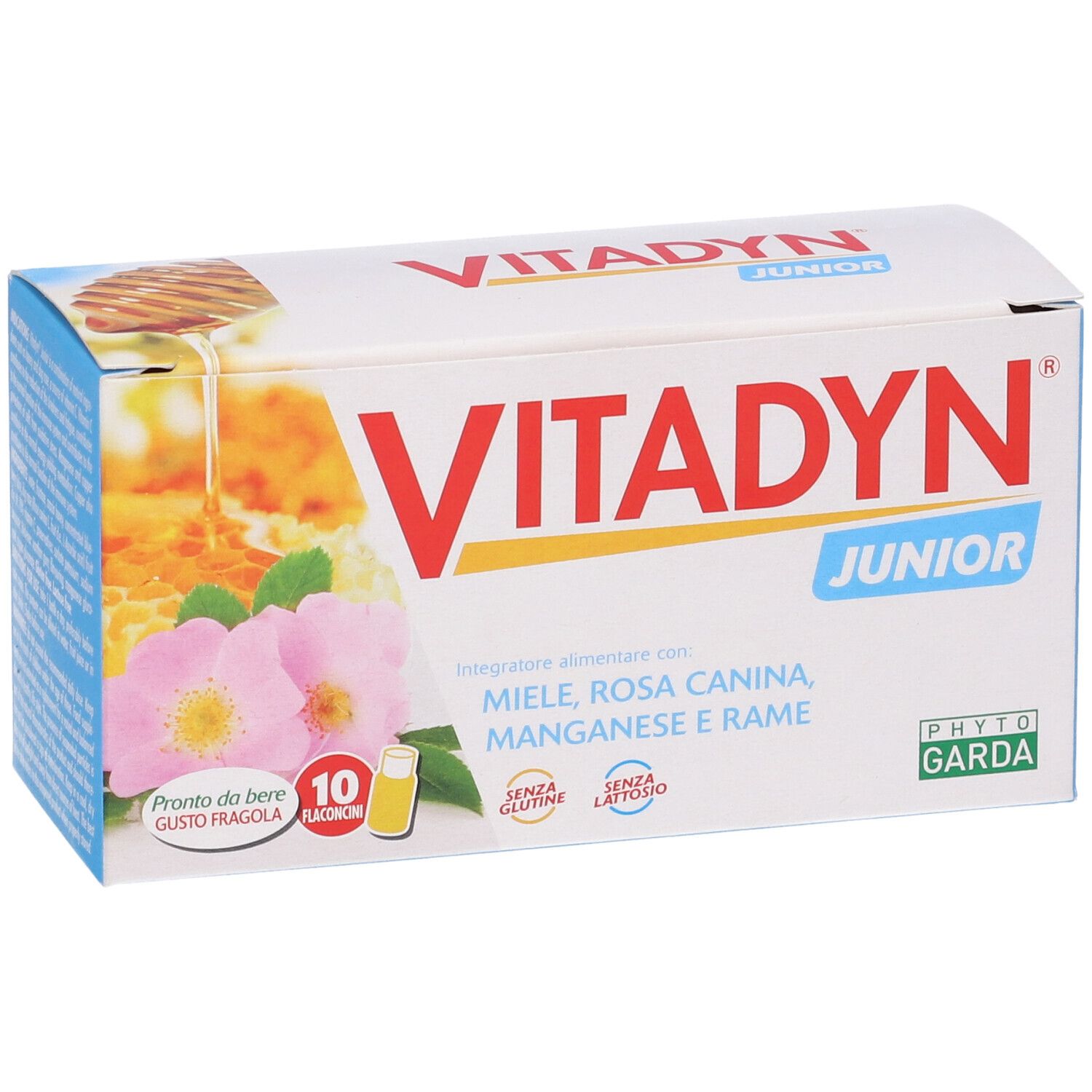 Confezione Vitadyn Junior con 10 flaconcini. Contiene miele, rosa canina, manganese e rame. Senza glutine e lattosio. Immagine: miele e rosa.