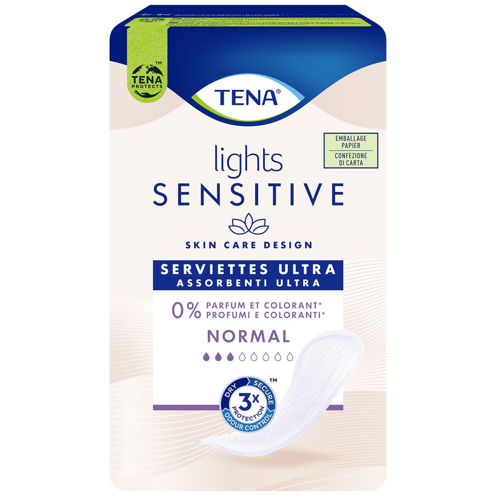 TENA Lights Sensitive Normal. Confezione con un singolo assorbente. Nome del prodotto e logo visibili.