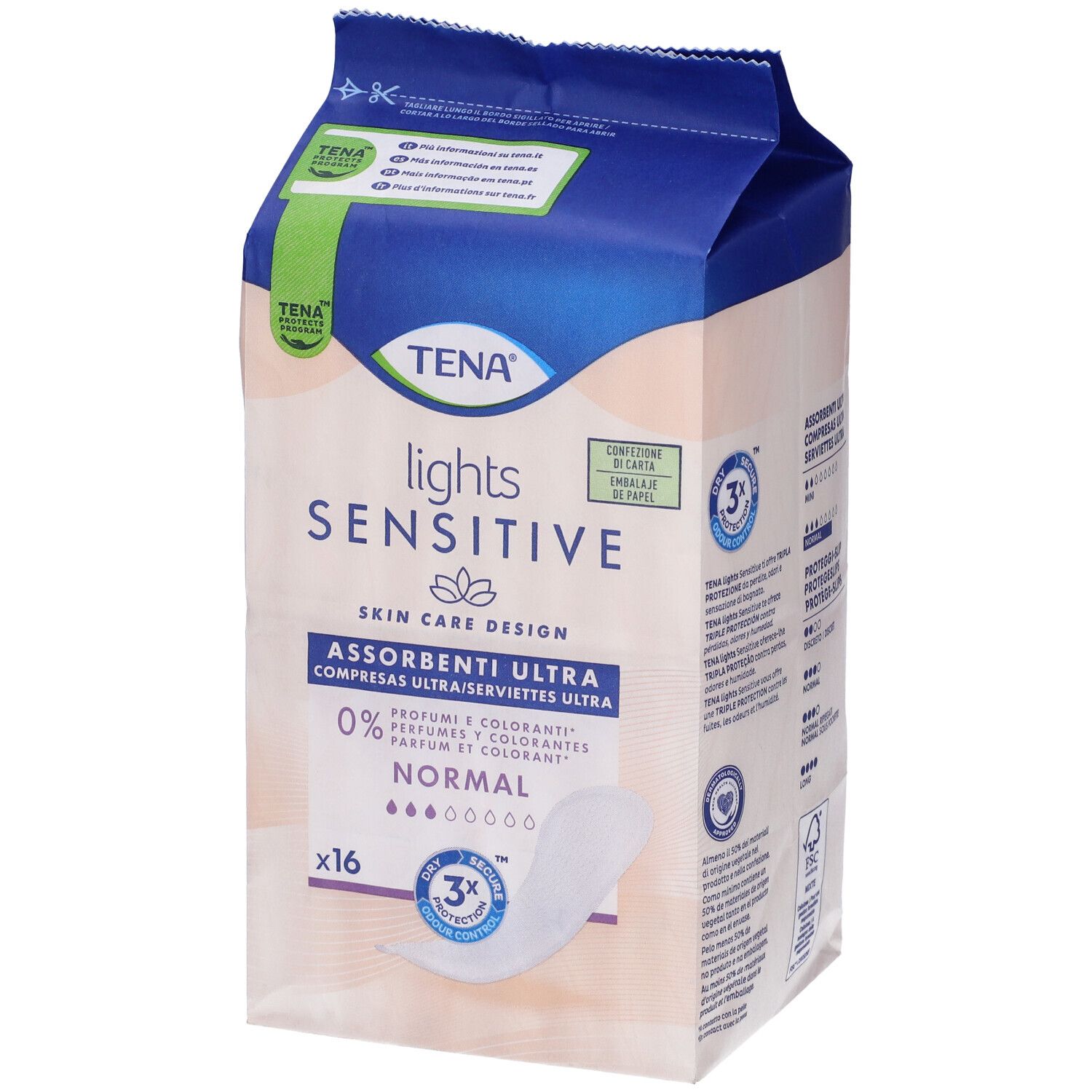 TENA Lights Sensitive Normal. Confezione da 16 pezzi. Nome, logo e caratteristiche del prodotto visibili.