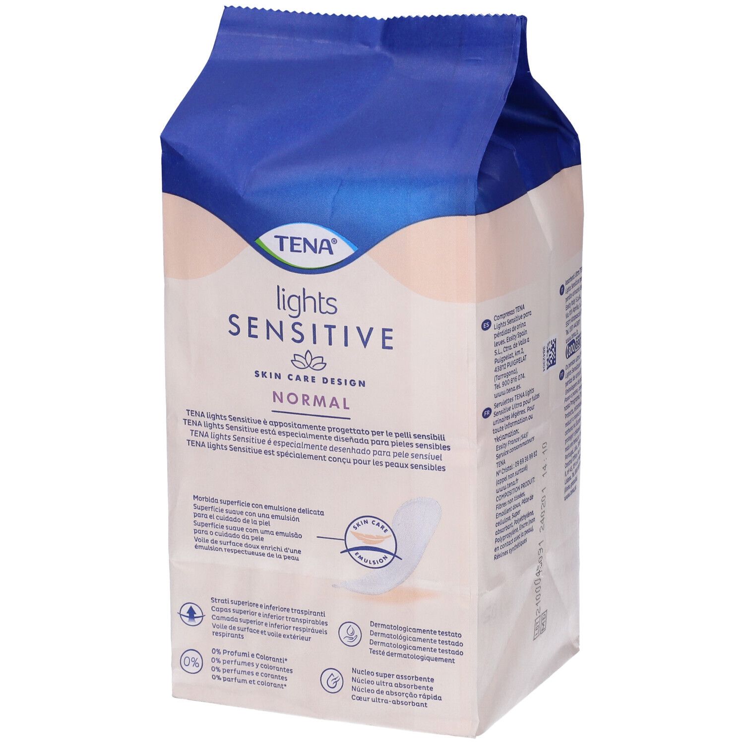 TENA Lights Sensitive Normal. Confezione. Nome, logo e caratteristiche del prodotto visibili.