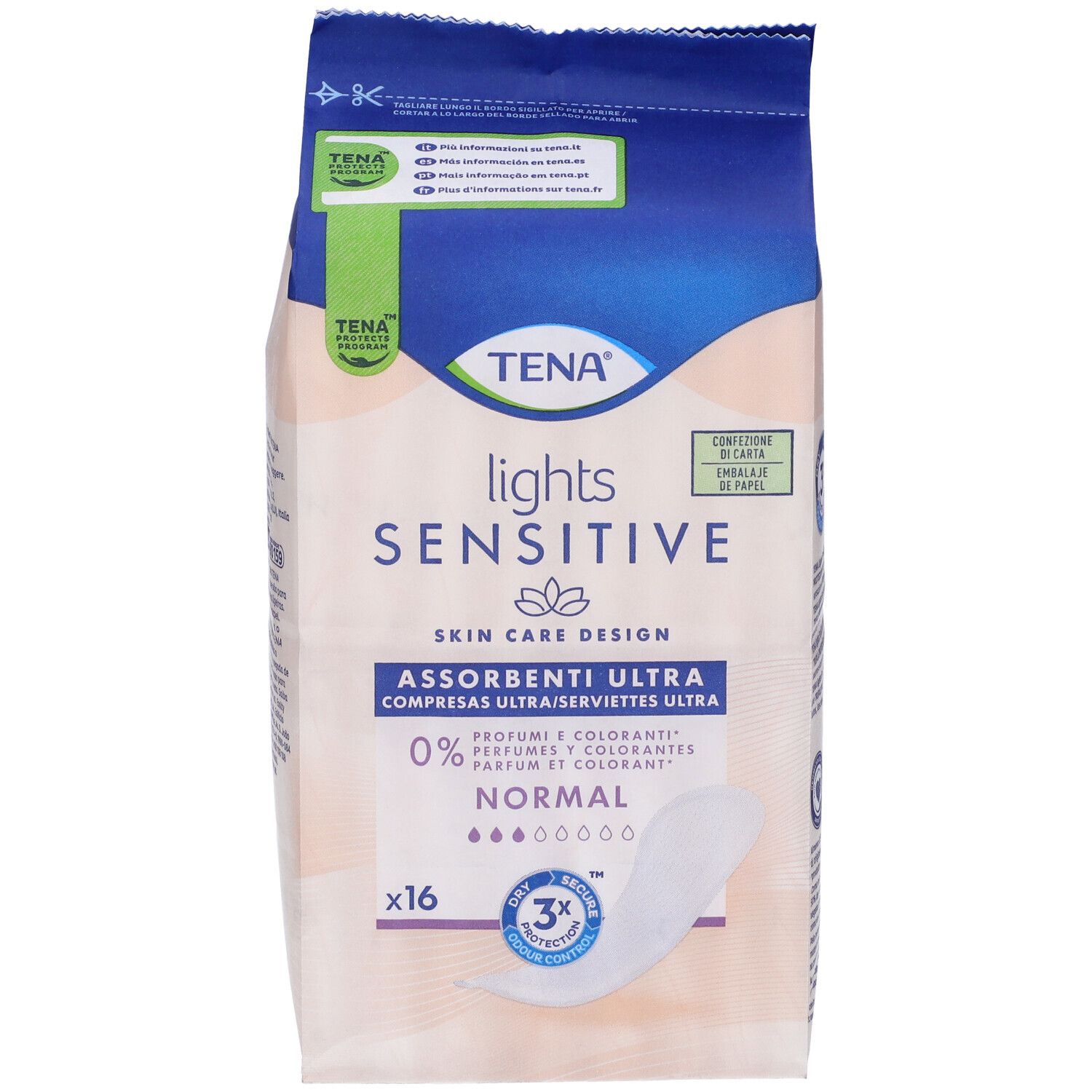 TENA Lights Sensitive Normal. Confezione da 16 pezzi. Nome, logo e caratteristiche del prodotto visibili.