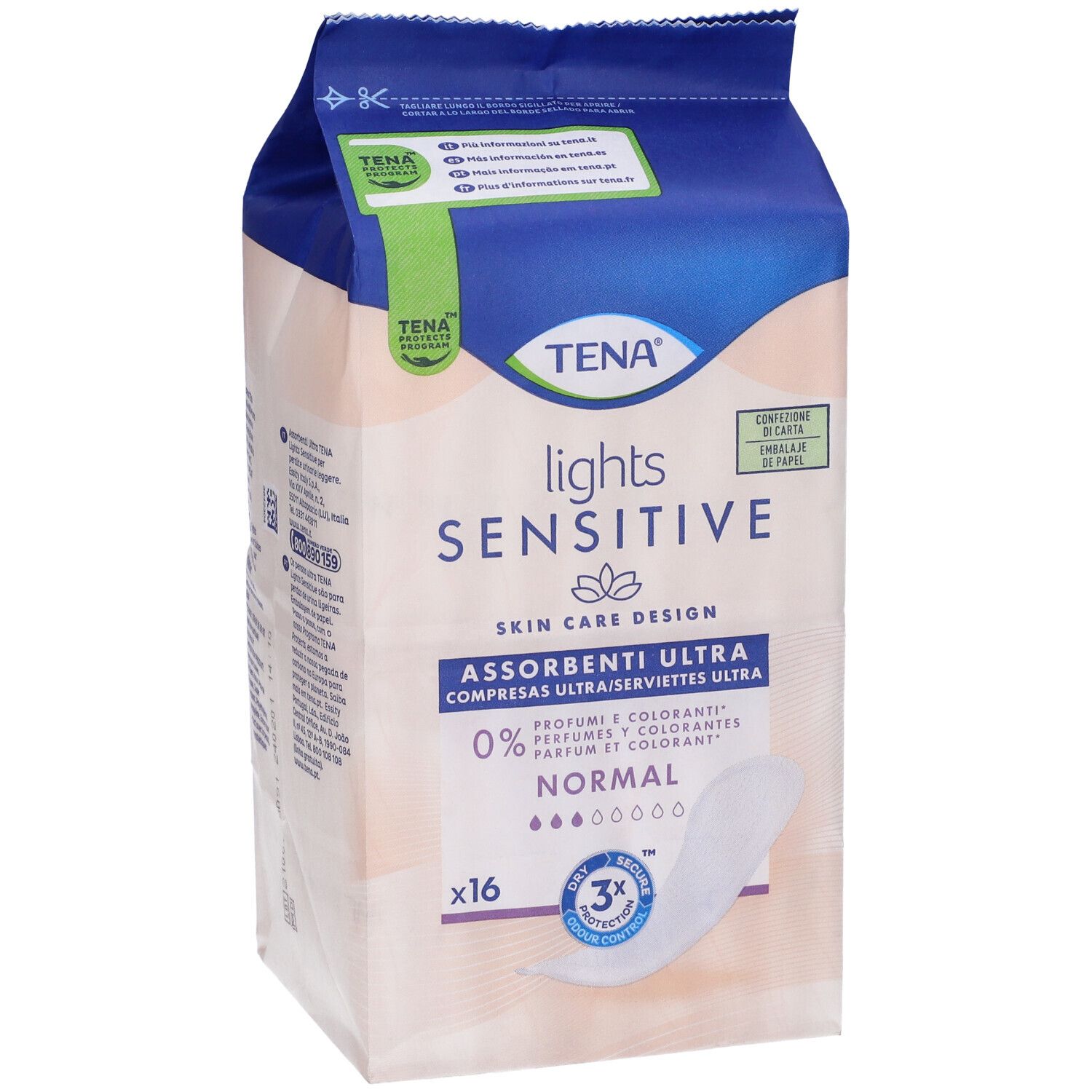 TENA Lights Sensitive Normal. Confezione da 16 pezzi. Nome, logo e caratteristiche del prodotto visibili.