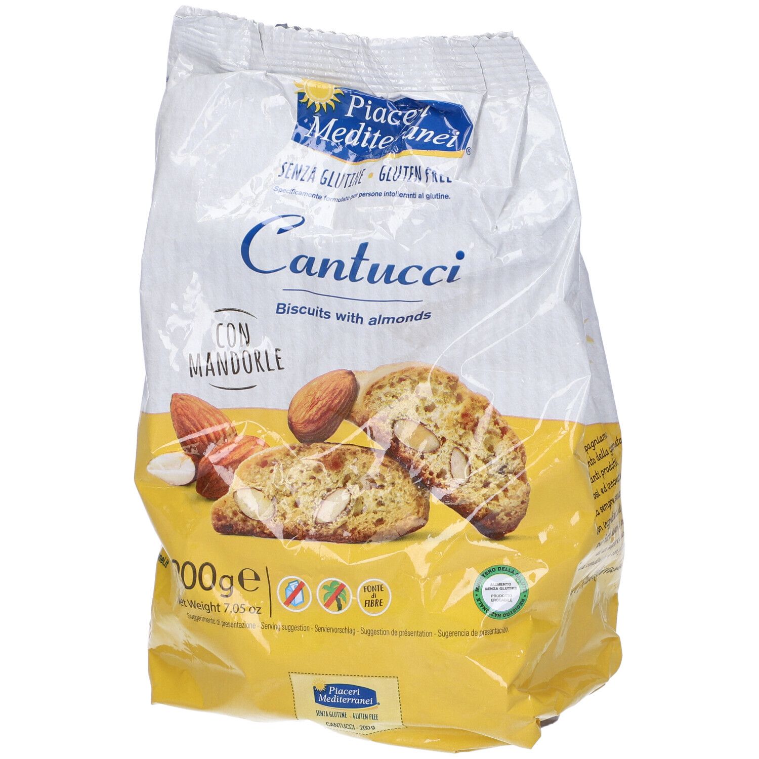 Confezione di biscotti Cantucci. Marchio Piaceri Mediterranei. Senza glutine. Scritte: Cantucci, mandorle, 200g.