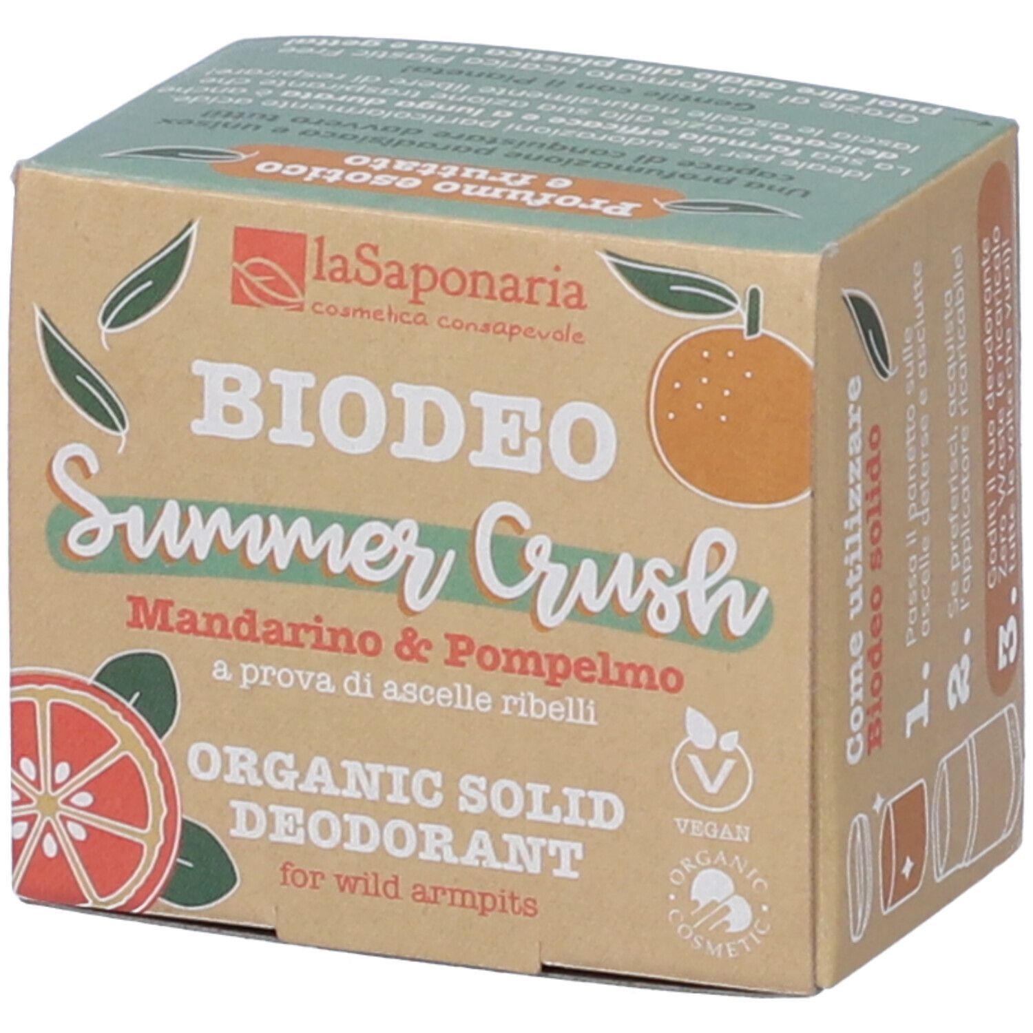 Confezione in cartone "BIO DEO Summer Crush". Contiene deodorante solido vegano.