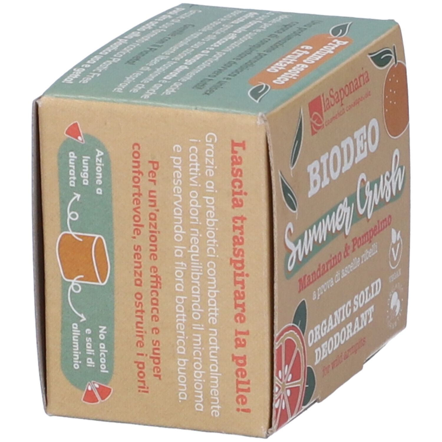 Confezione in cartone, lato con "BIO DEO Summer Crush". Contiene deodorante solido.