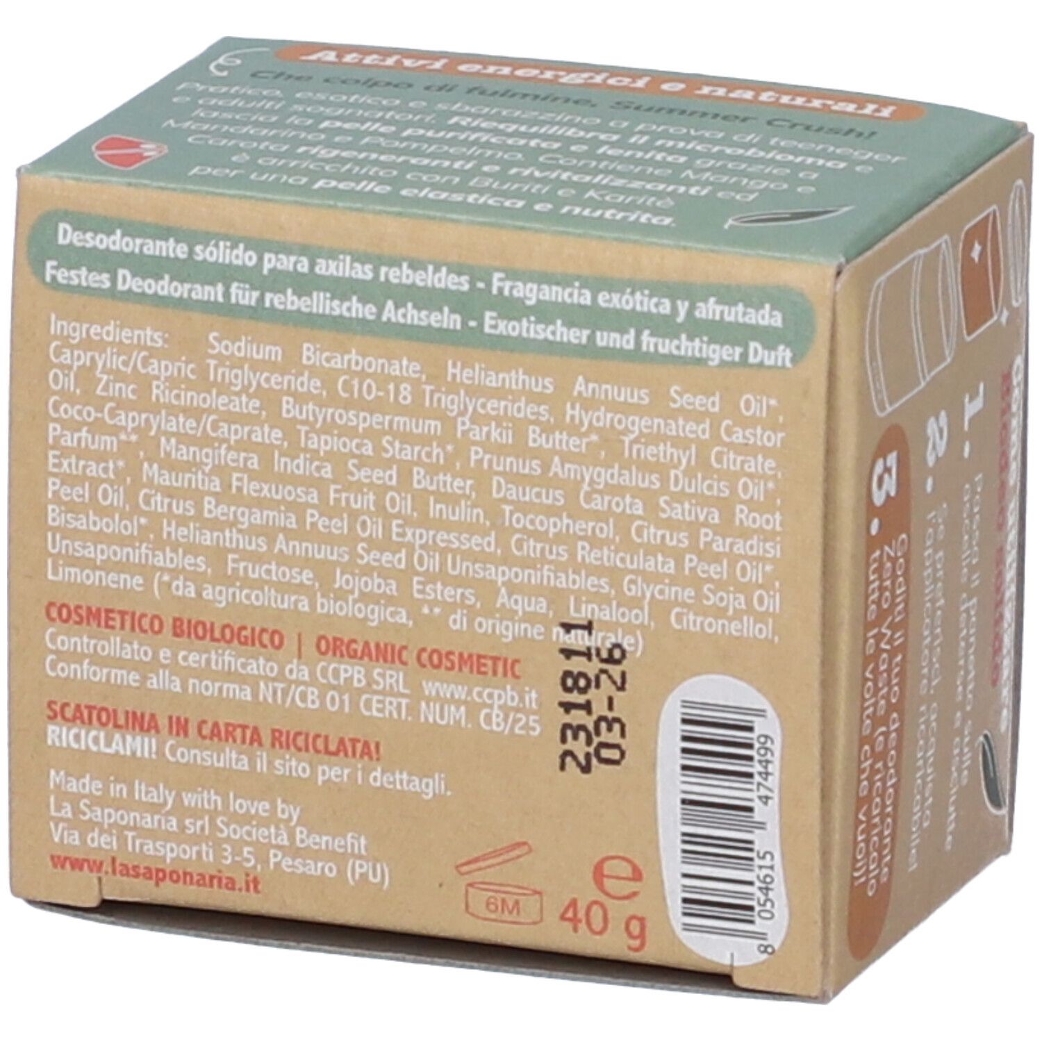 Confezione in cartone con ingredienti e certificazioni. Contiene deodorante solido.