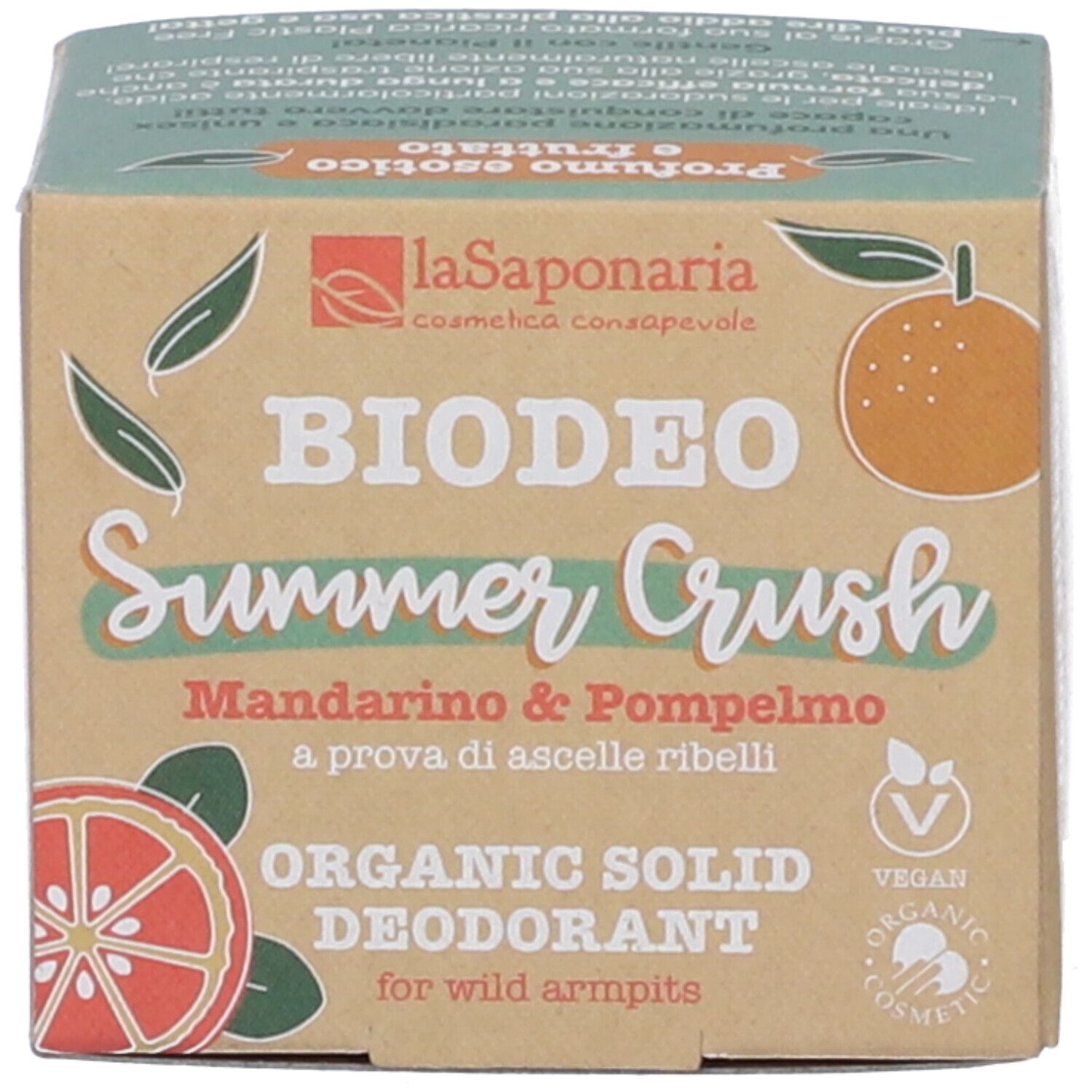 Confezione in cartone "BIO DEO Summer Crush". Contiene deodorante solido vegano.
