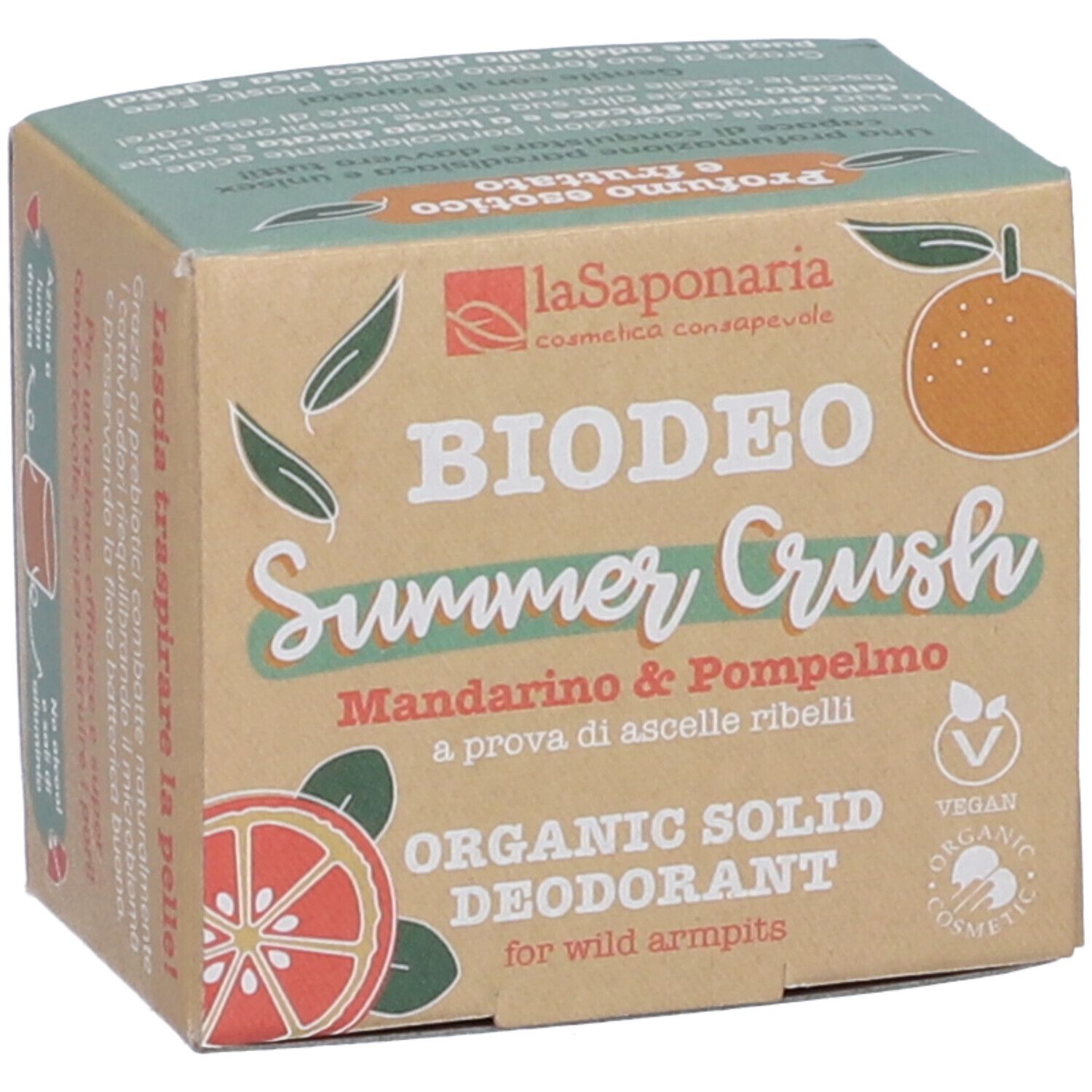 Confezione in cartone "BIO DEO Summer Crush". Contiene deodorante solido vegano.