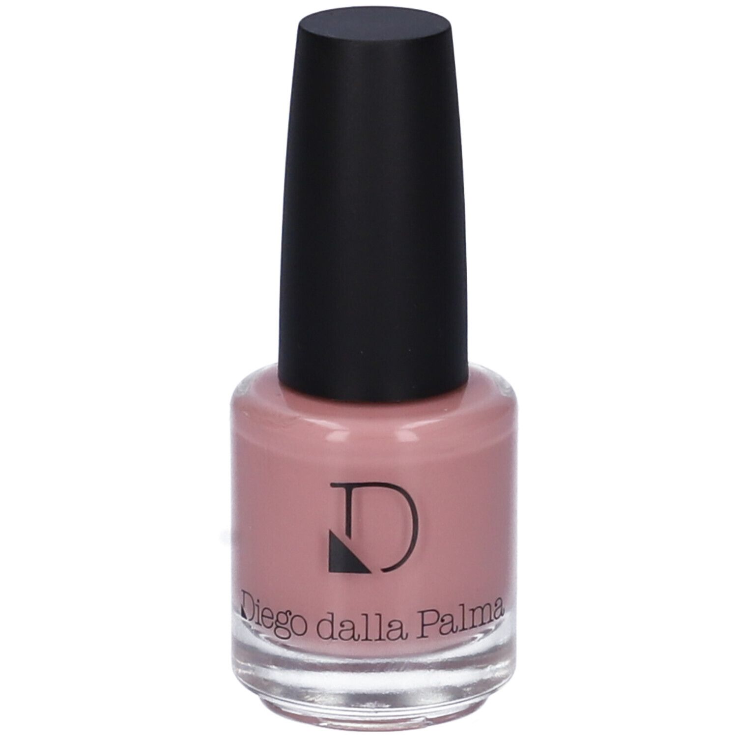 Flacone di smalto rosa con tappo nero. Logo Diego Dalla Palma visibile.