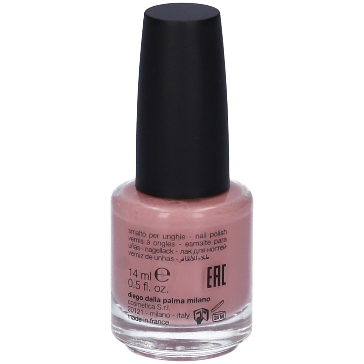 Flacone di smalto rosa, tappo nero. Contenuto: 14 ml.