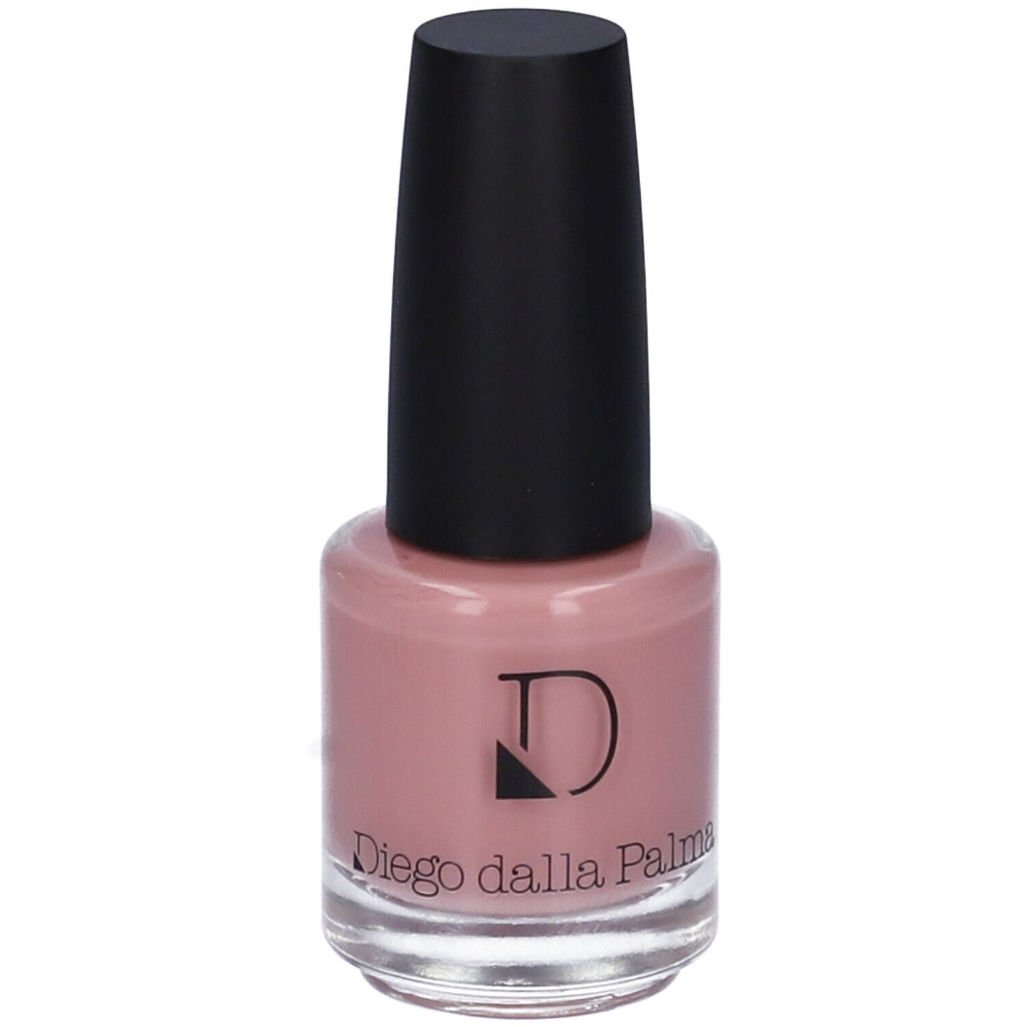 Flacone di smalto rosa con tappo nero. Logo Diego Dalla Palma visibile.